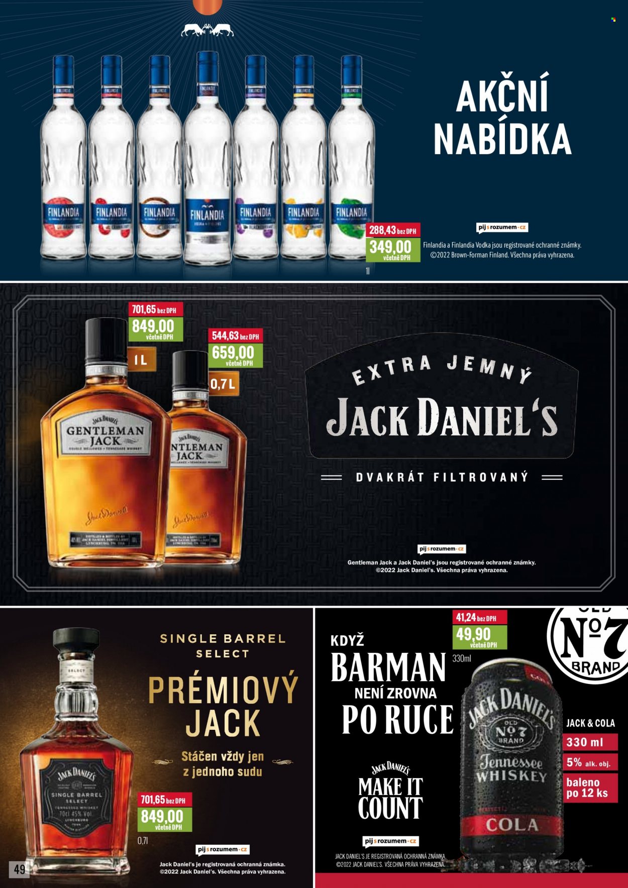 thumbnail - Leták Ratio - 1.1.2022 - 31.1.2022 - Produkty v akci - alkohol, míchaný nápoj, vodka, whisky, Finlandia, Jack Daniel’s, Gentleman Jack. Strana 50.
