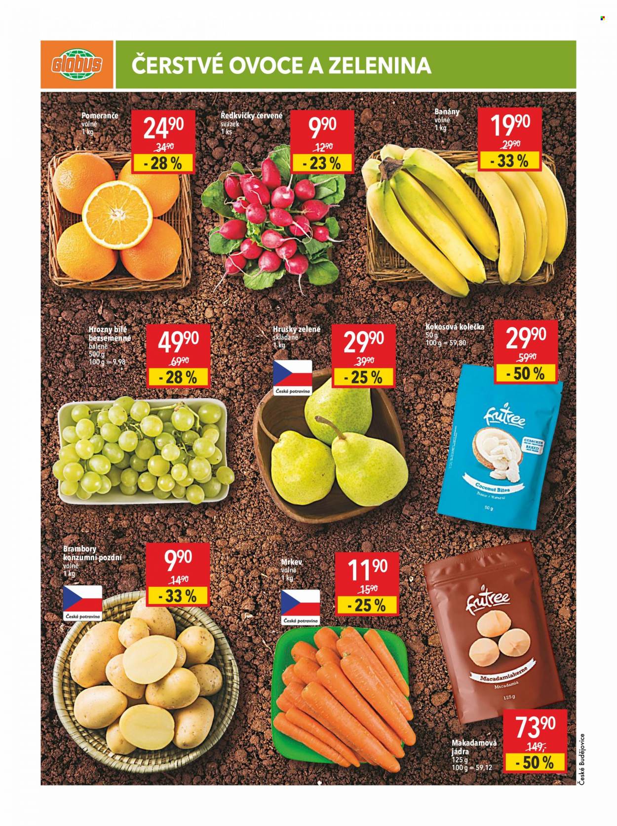 thumbnail - Leták Globus - 3.1.2022 - 12.1.2022 - Produkty v akci - banány, pomeranče, ředkvičky, kokosové chipsy, hrozny, hrušky, brambory, mrkev, makadamové ořechy. Strana 16.