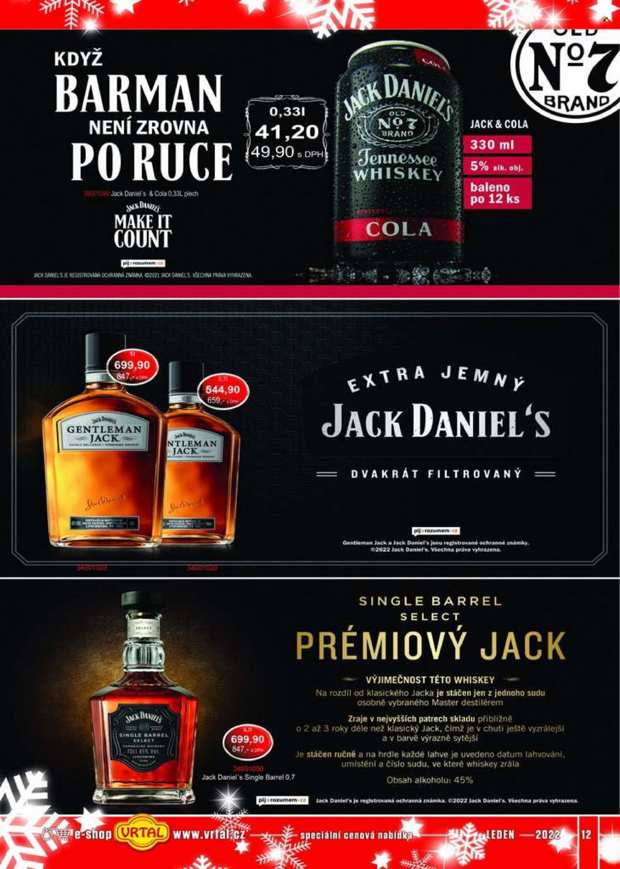 thumbnail - Leták Vrtal - 1.1.2022 - 31.1.2022 - Produkty v akci - alkohol, míchaný nápoj, whisky, Jack Daniel’s, Gentleman Jack. Strana 12.