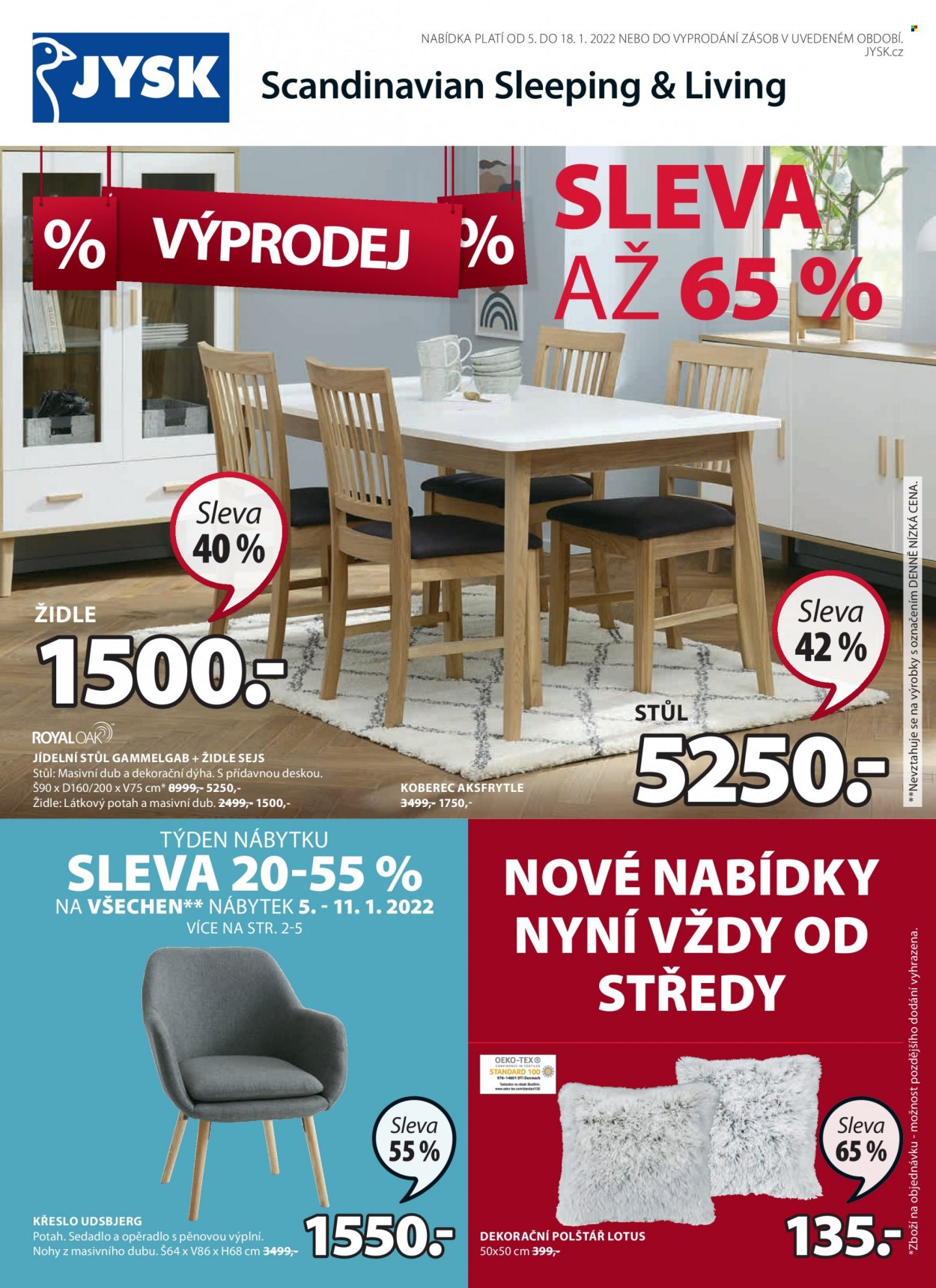 thumbnail - Leták JYSK - 5.1.2022 - 18.1.2022 - Produkty v akci - jídelní stůl, stůl, židle, křeslo, dekorační polštář, koberec. Strana 1.