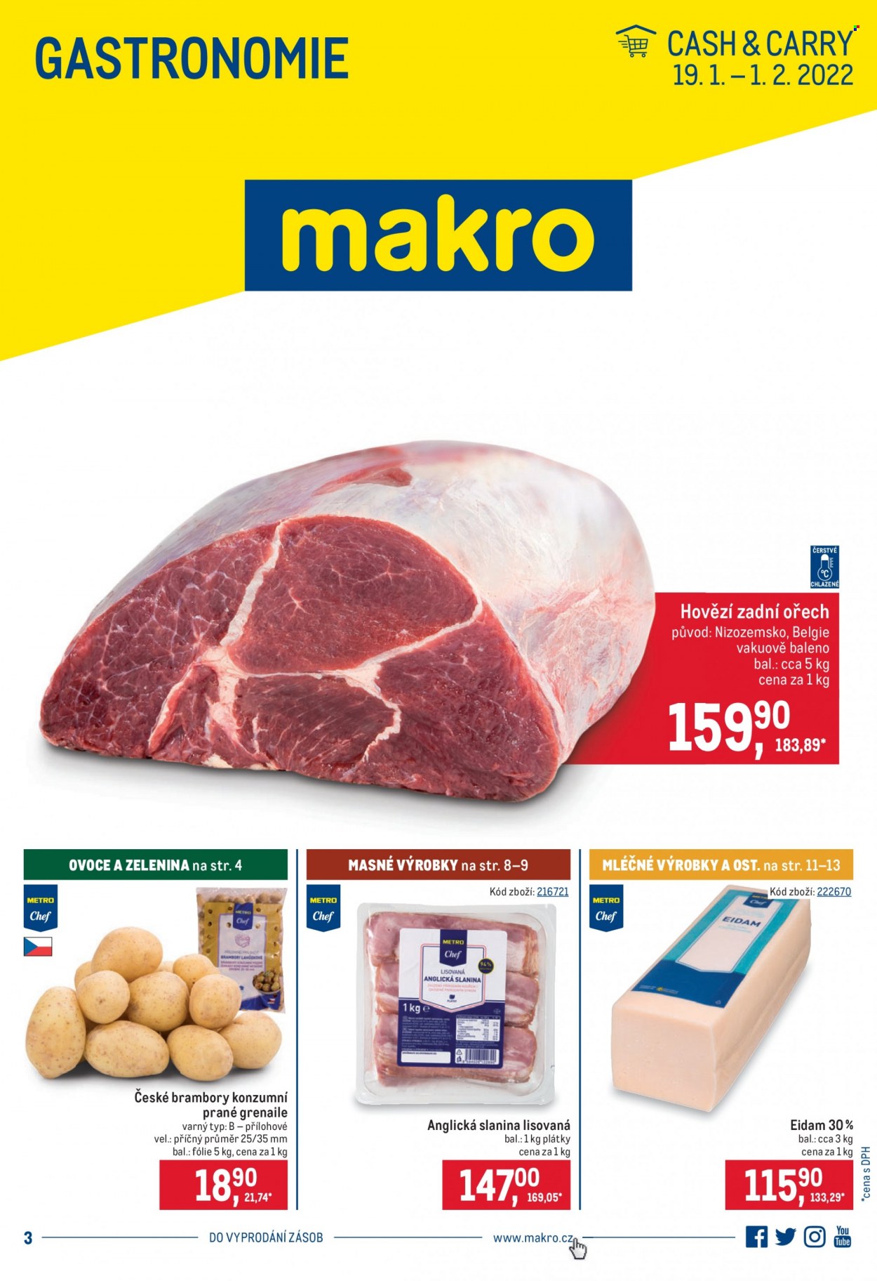 thumbnail - Leták MAKRO - 19.1.2022 - 1.2.2022 - Produkty v akci - hovězí maso, hovězí zadní, brambory, anglická slanina, slanina, eidam, sýr. Strana 1.