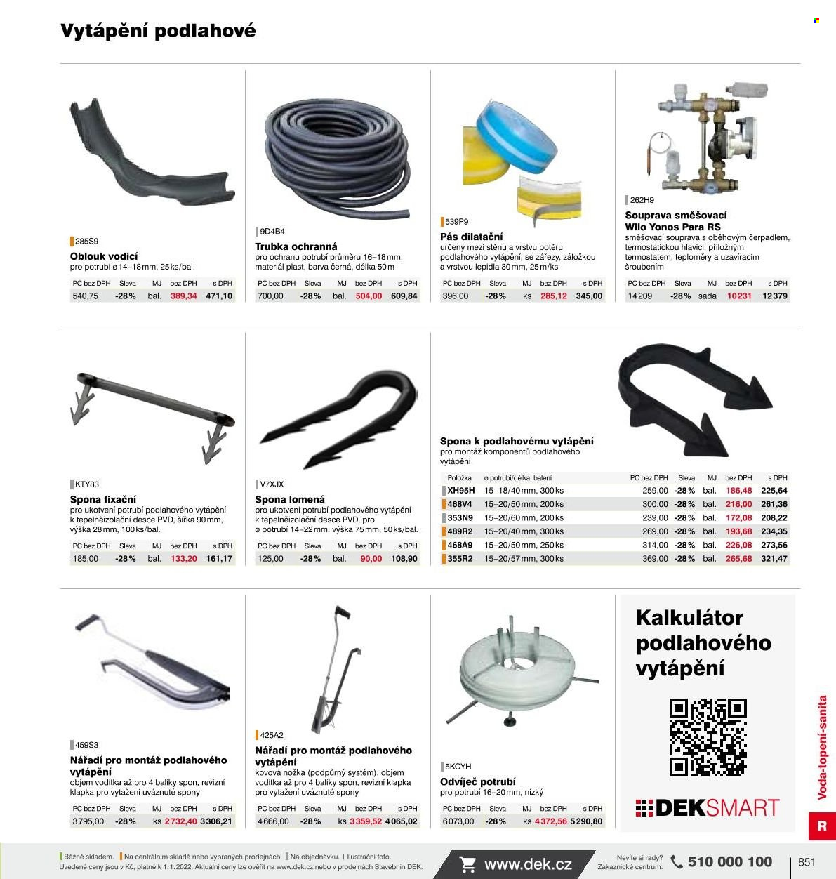 thumbnail - Leták DEK - Produkty v akci - voda, trubka, dilatační pás, spony, teploměr. Strana 845.