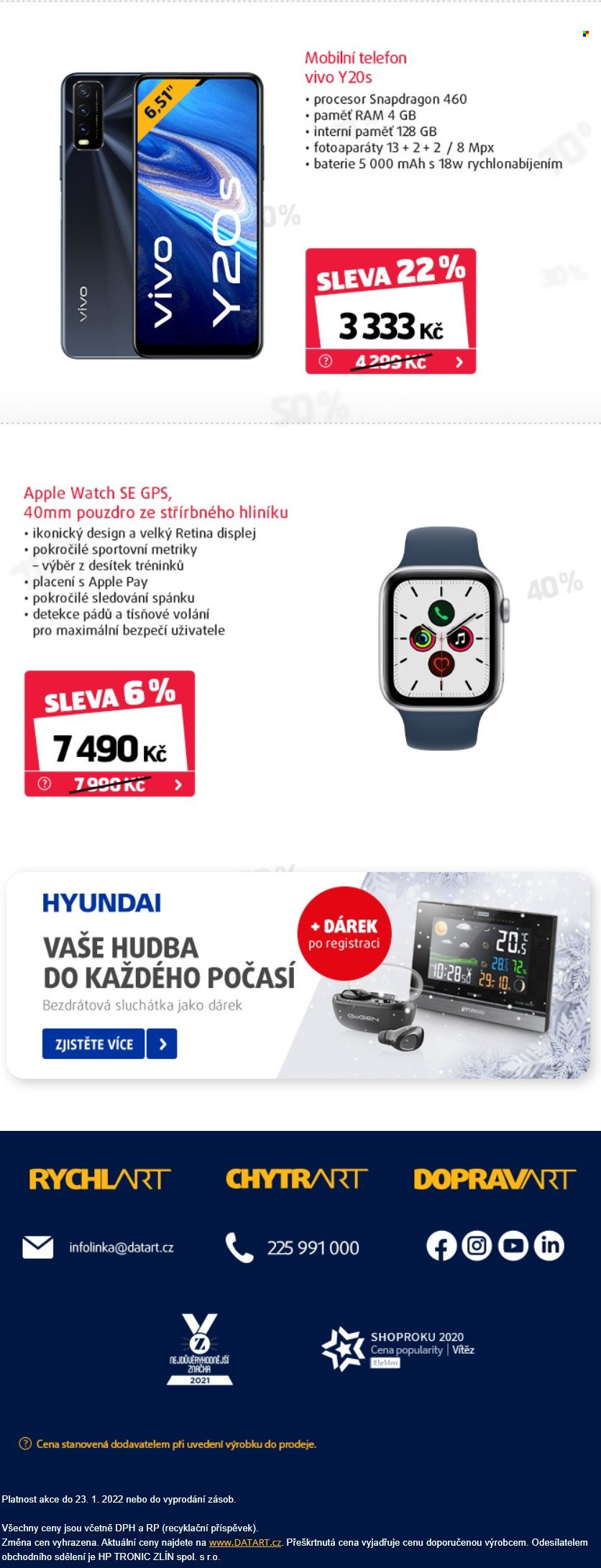 thumbnail - Leták DATART - 17.1.2022 - 23.1.2022 - Produkty v akci - Apple, Vivo, chytré hodinky, Apple Watch, Hewlett Packard, Hyundai, bezdrátová sluchátka, sluchátka. Strana 3.