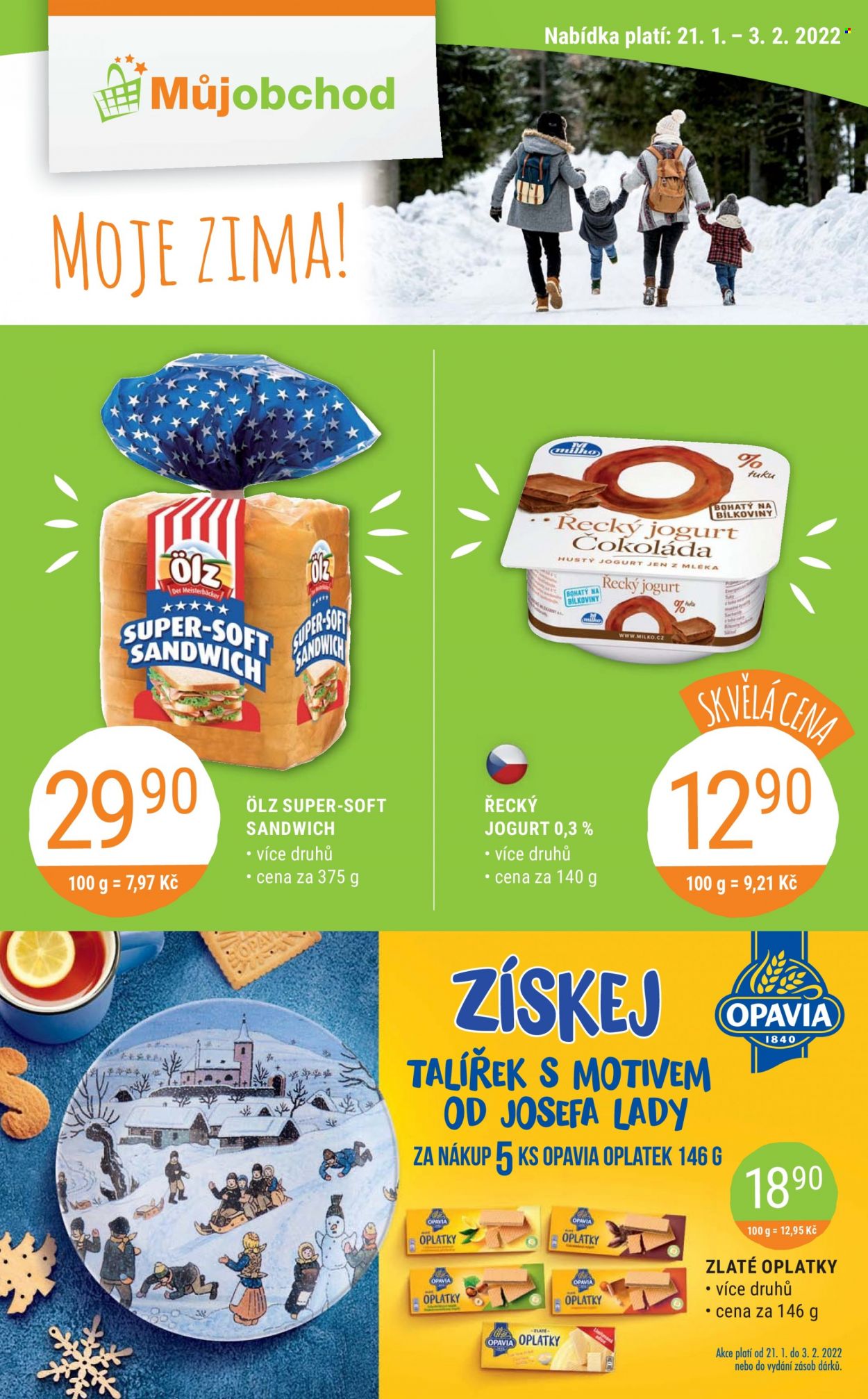thumbnail - Leták Můj obchod - 21.1.2022 - 3.2.2022 - Produkty v akci - toustový chléb, Ölz, Milko, jogurt, řecký jogurt, Opavia, Zlaté oplatky. Strana 1.