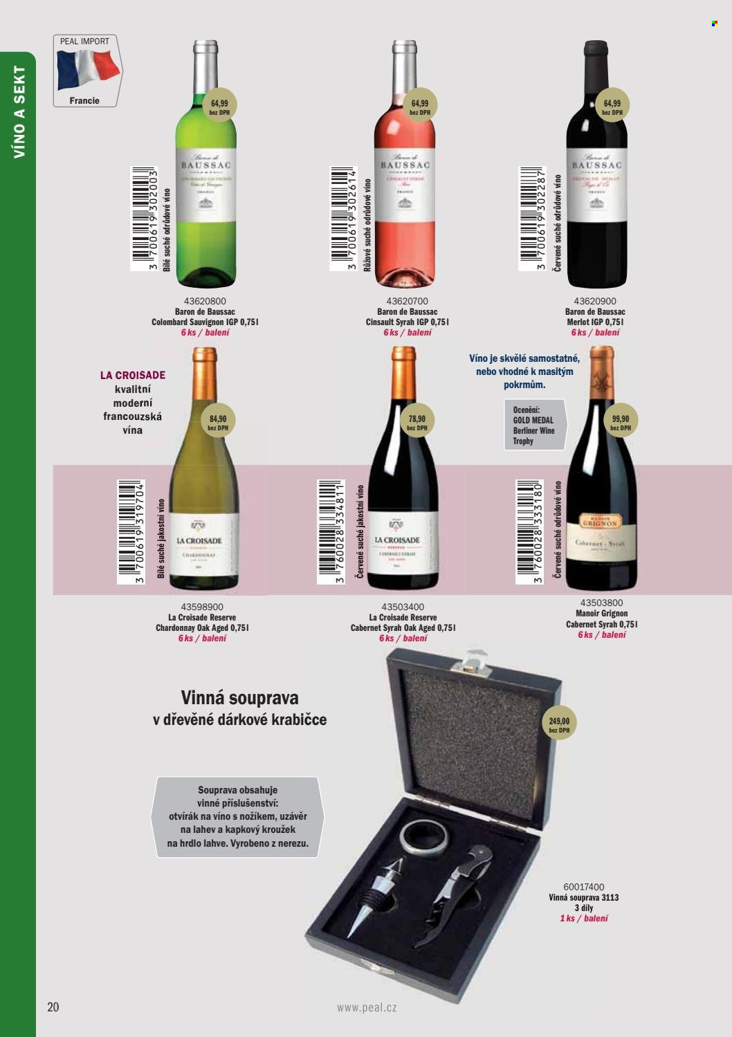 thumbnail - Leták PEAL - Produkty v akci - bílé víno, červené víno, sekt, Chardonnay, Merlot, Syrah. Strana 22.