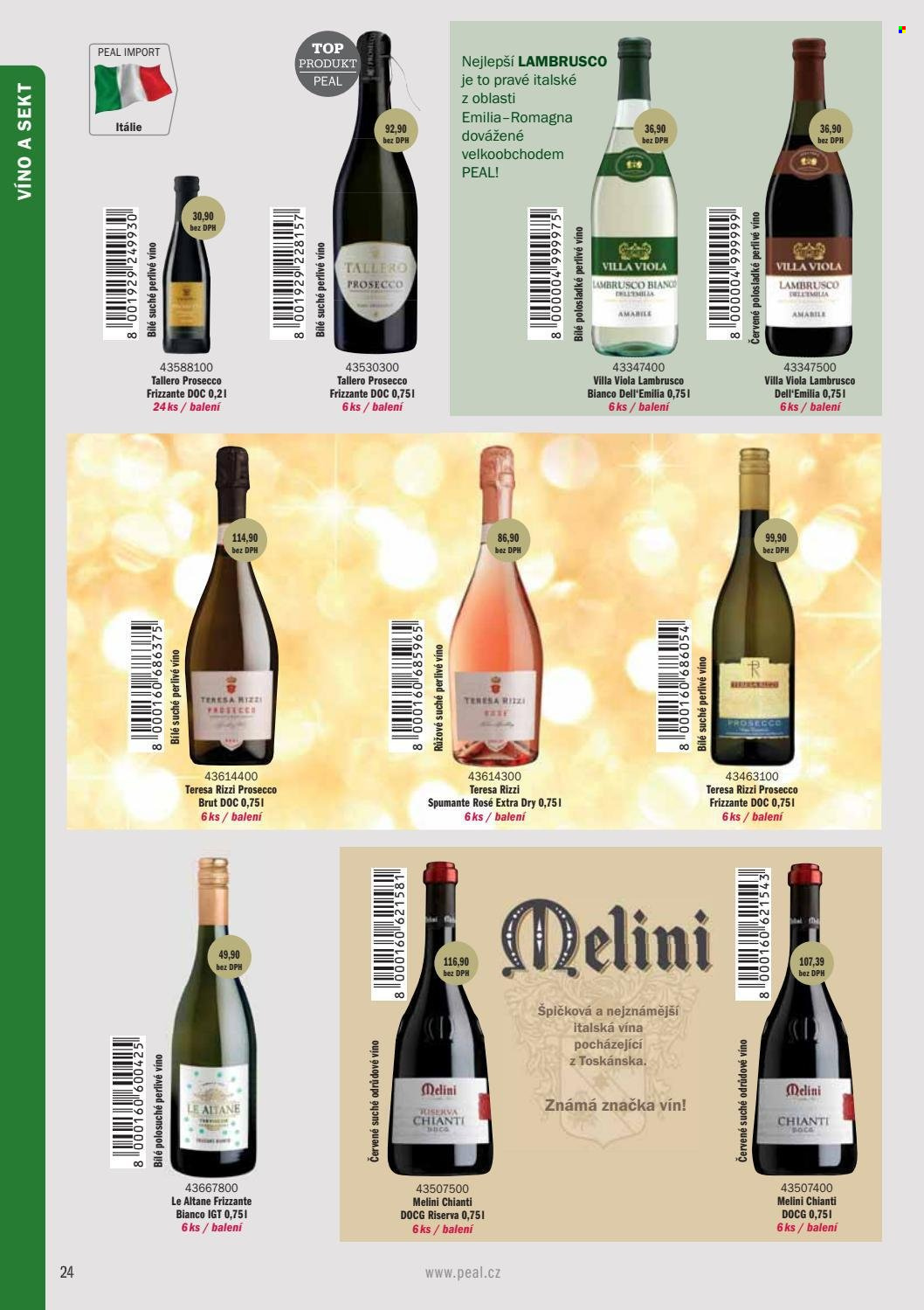 thumbnail - Leták PEAL - Produkty v akci - alkohol, červené víno, sekt, Chianti, Lambrusco, Prosecco, víno, Frizzante, Brut, perlivé víno. Strana 26.