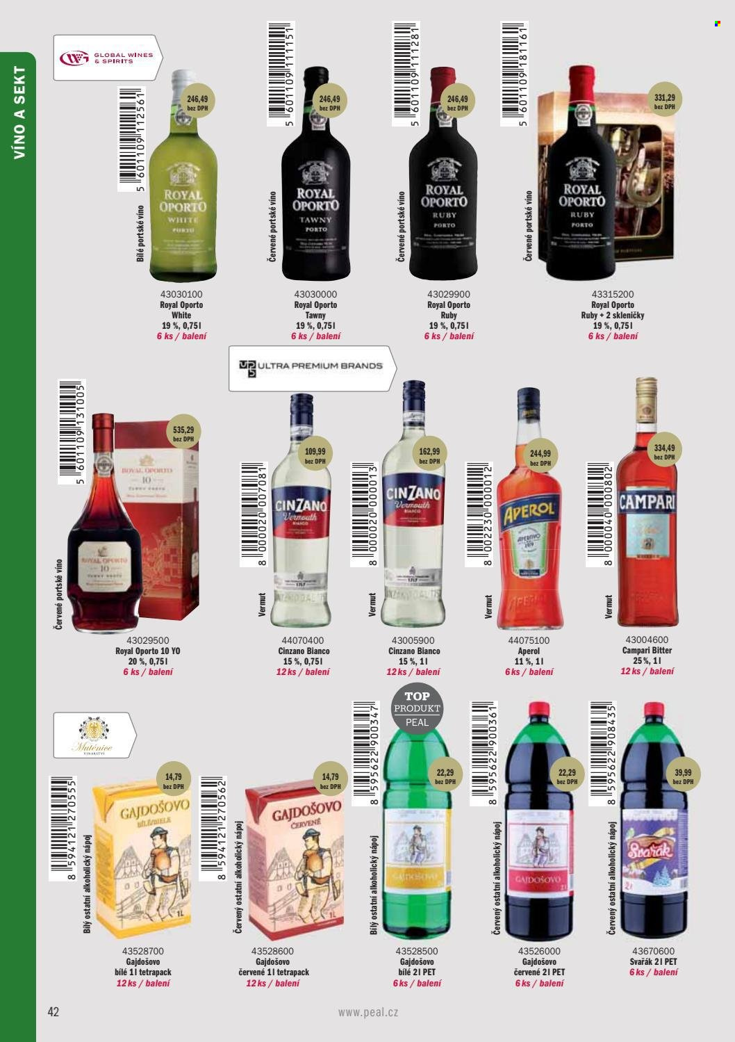 thumbnail - Leták PEAL - Produkty v akci - alkohol, sekt, víno, Vinařství Mutěnice, svařené víno, Gajdošovo, Royal Oporto, portské víno, likér, Aperol, aperitiv, Cinzano, Campari Bitter, vermouth, Bitter. Strana 44.