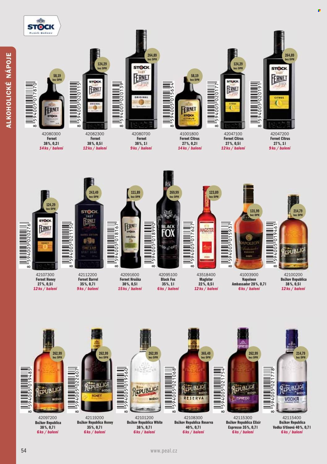 thumbnail - Leták PEAL - Produkty v akci - alkohol, vodka, Fernet Stock, Božkov, likér, bylinný likér, Božkov Republica, Magister, Napoleon, brandy, Black Fox. Strana 56.