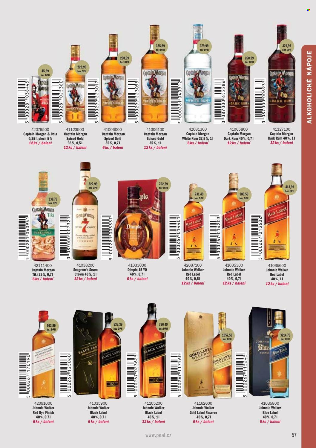 thumbnail - Leták PEAL - Produkty v akci - alkohol, míchaný nápoj, rum, Captain Morgan, whisky, Johnnie Walker, Red Label. Strana 59.