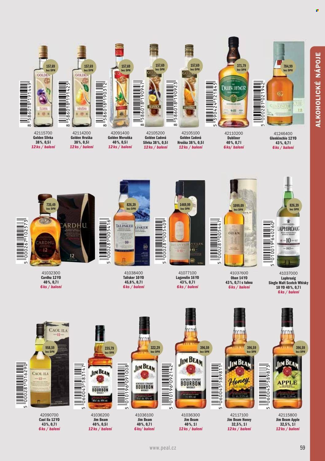 thumbnail - Leták PEAL - Produkty v akci - alkohol, whisky, Bourbon, slivovice, hruškovice, Jim Beam, Jim Beam Honey, Jim Beam Apple, Golden, Meruňka, Talisker, Laphroaig. Strana 61.