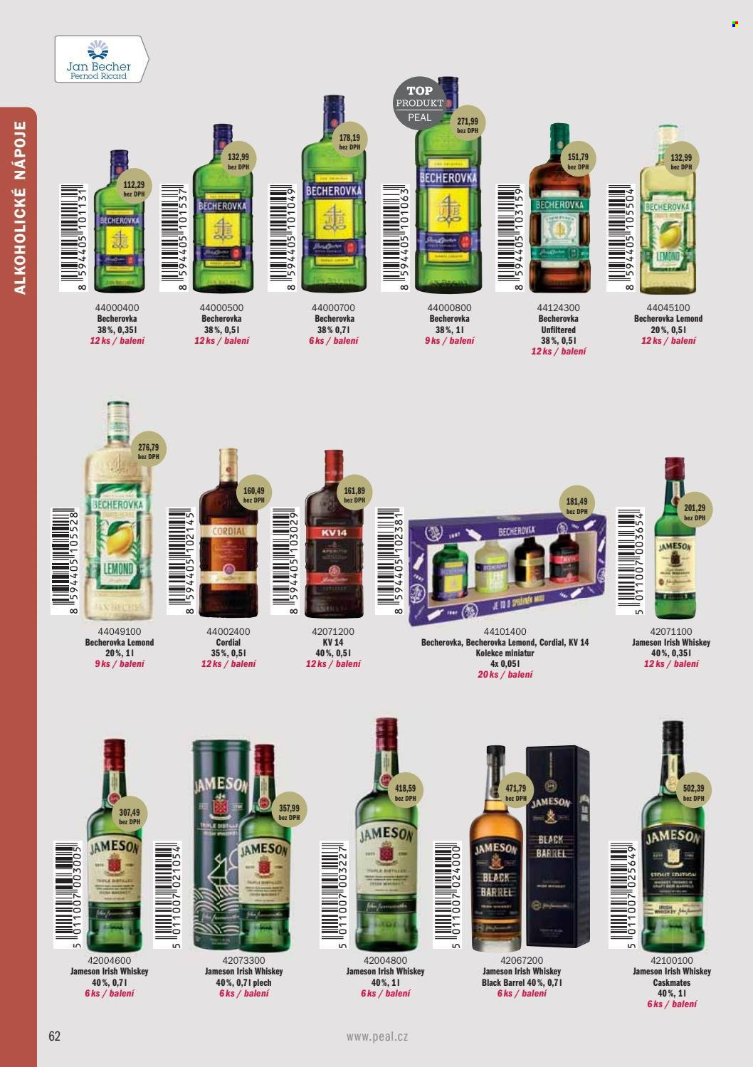 thumbnail - Leták PEAL - Produkty v akci - alkohol, Jameson, whisky, Becherovka, Becherovka Lemond, bylinný likér. Strana 64.