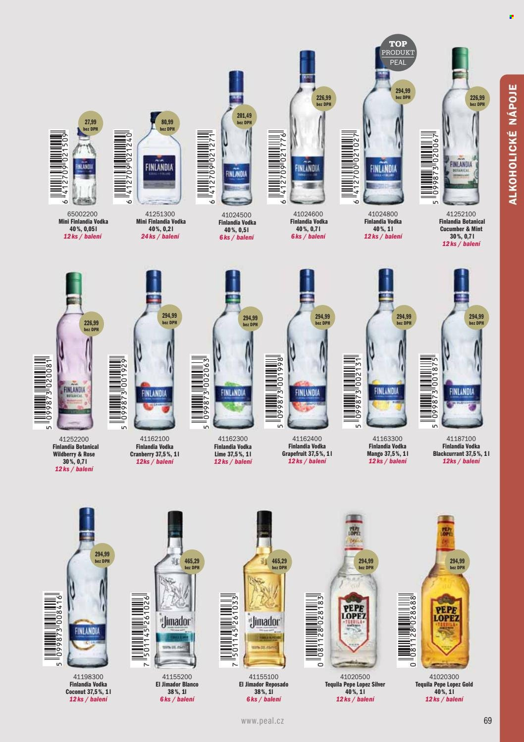 thumbnail - Leták PEAL - Produkty v akci - alkohol, vodka, tequila, Finlandia, El Jimador, Pepe Lopez. Strana 71.