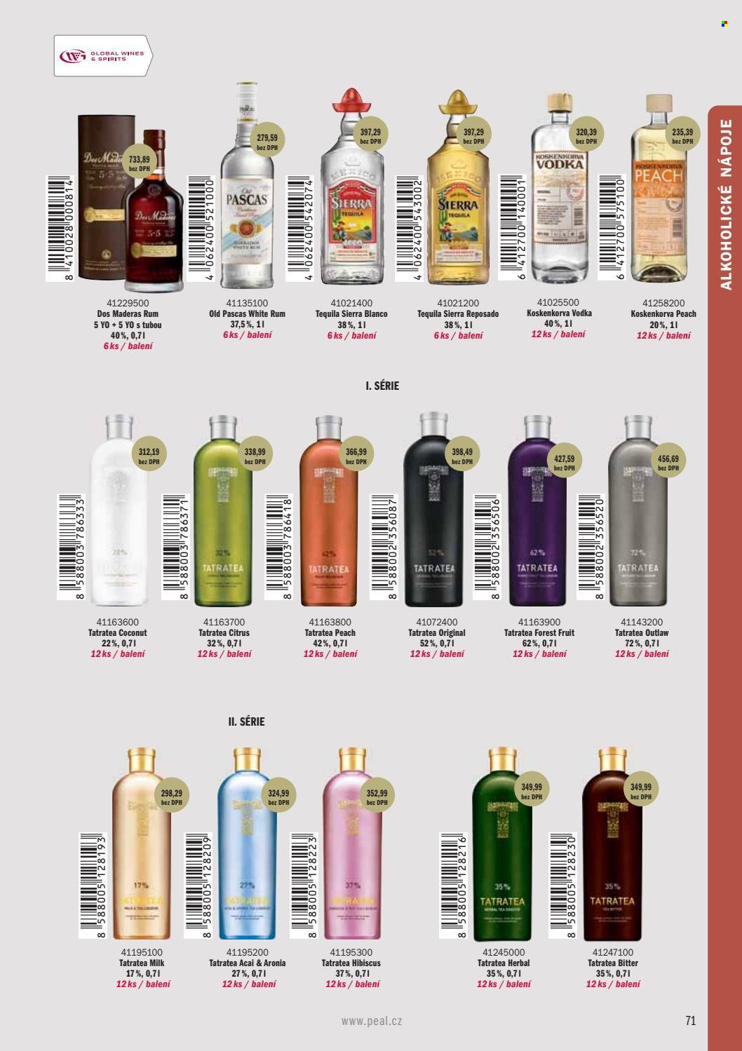 thumbnail - Leták PEAL - Produkty v akci - alkohol, vodka, rum, tequila, Tatratea, Bitter, Old Pascas, Dos Maderas, Koskenkorva, Sierra. Strana 73.