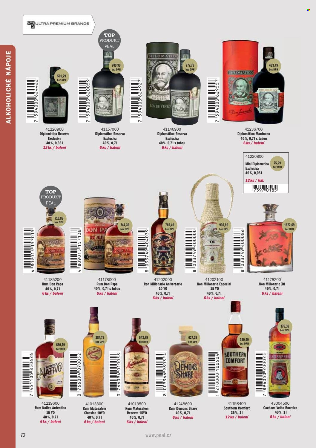 thumbnail - Leták PEAL - Produkty v akci - alkohol, rum, Diplomático, Don Papa, Ron Millonario, Southern Comfort, Millonario, Matusalem. Strana 74.