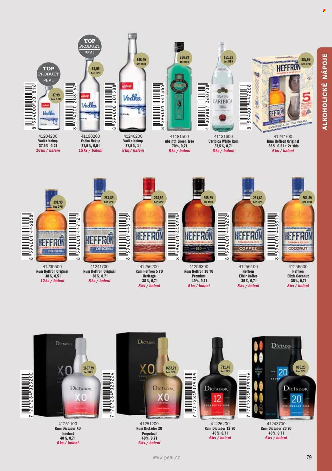 thumbnail - Leták PEAL - Produkty v akci - alkohol, vodka, rum, Elixir, Heffron, Absinth, Dictador. Strana 81.