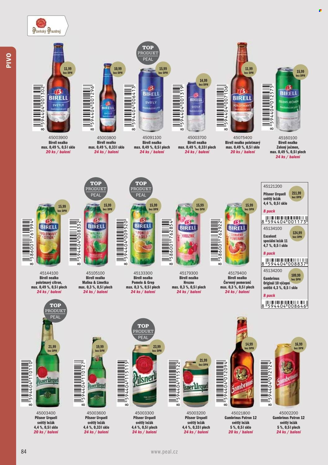thumbnail - Leták PEAL - Produkty v akci - Gambrinus, světlé pivo, Birell, Excelent, světlý ležák, ležák, Patron, pivo, nealkoholické pivo. Strana 86.