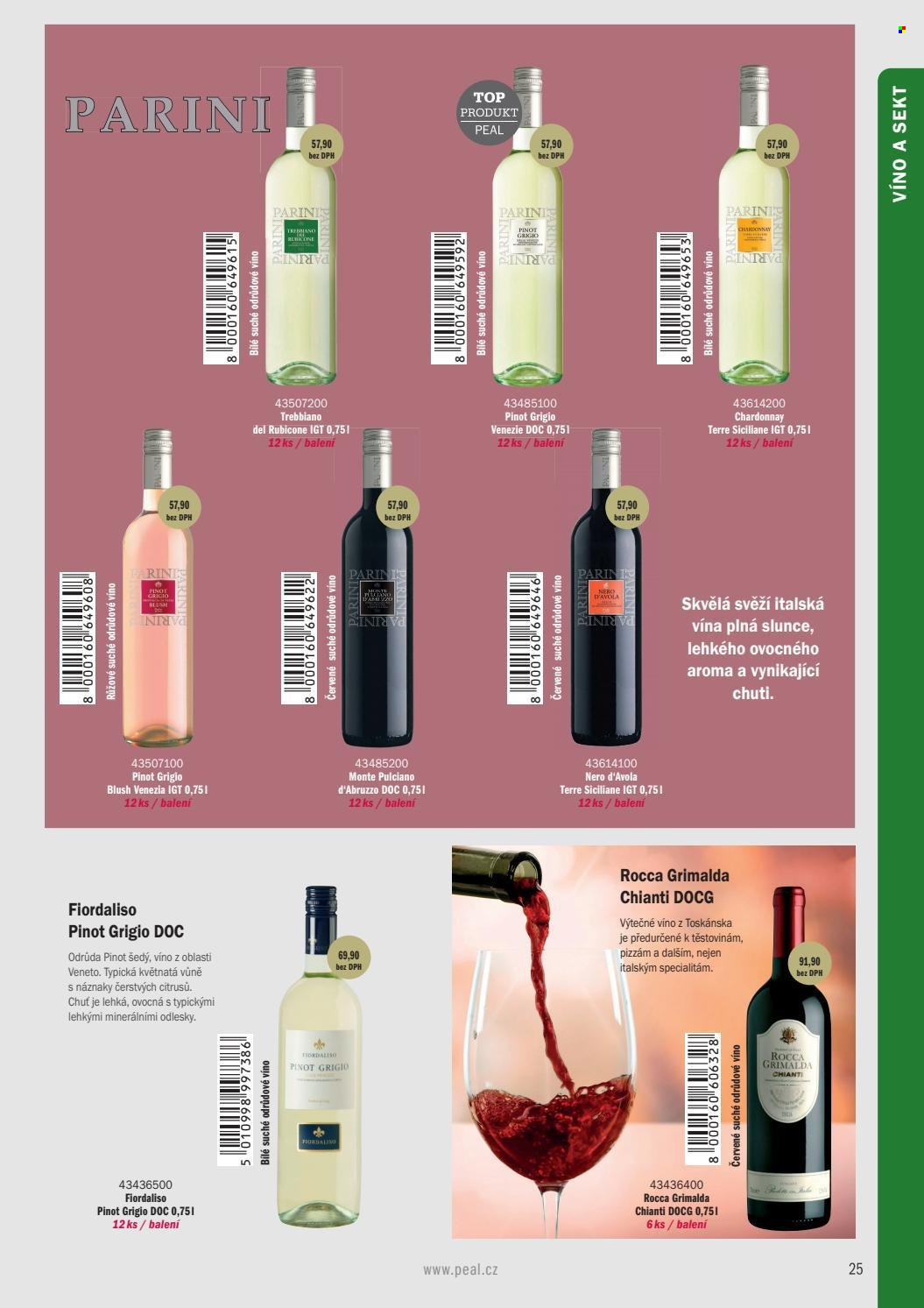 thumbnail - Leták PEAL - Produkty v akci - alkohol, bílé víno, červené víno, sekt, Pinot Grigio, Chardonnay, Chianti, víno, Nero d'Avola, Rocca. Strana 15.