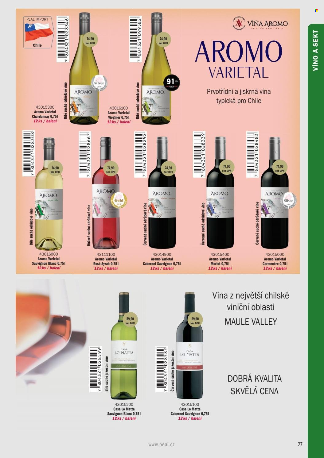 thumbnail - Leták PEAL - Produkty v akci - alkohol, bílé víno, červené víno, sekt, Chardonnay, Merlot, víno, Cabernet Sauvignon, Sauvignon Blanc, Carmenére Gran Reserva, Syrah. Strana 17.