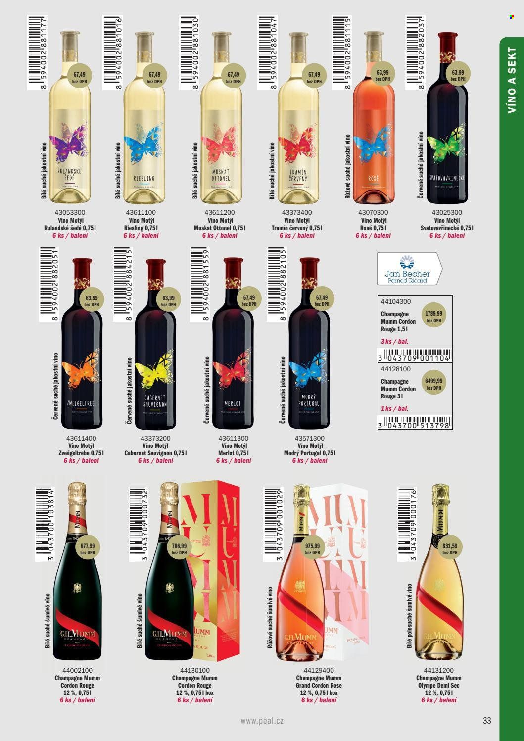 thumbnail - Leták PEAL - Produkty v akci - alkohol, bílé víno, červené víno, sekt, Rulandské šedé, champagne, Tramín červený, Merlot, Svatovavřinecké, Zweigeltrebe, Modrý Portugal, Cabernet Sauvignon, Víno Motýl, Demi Sec. Strana 23.