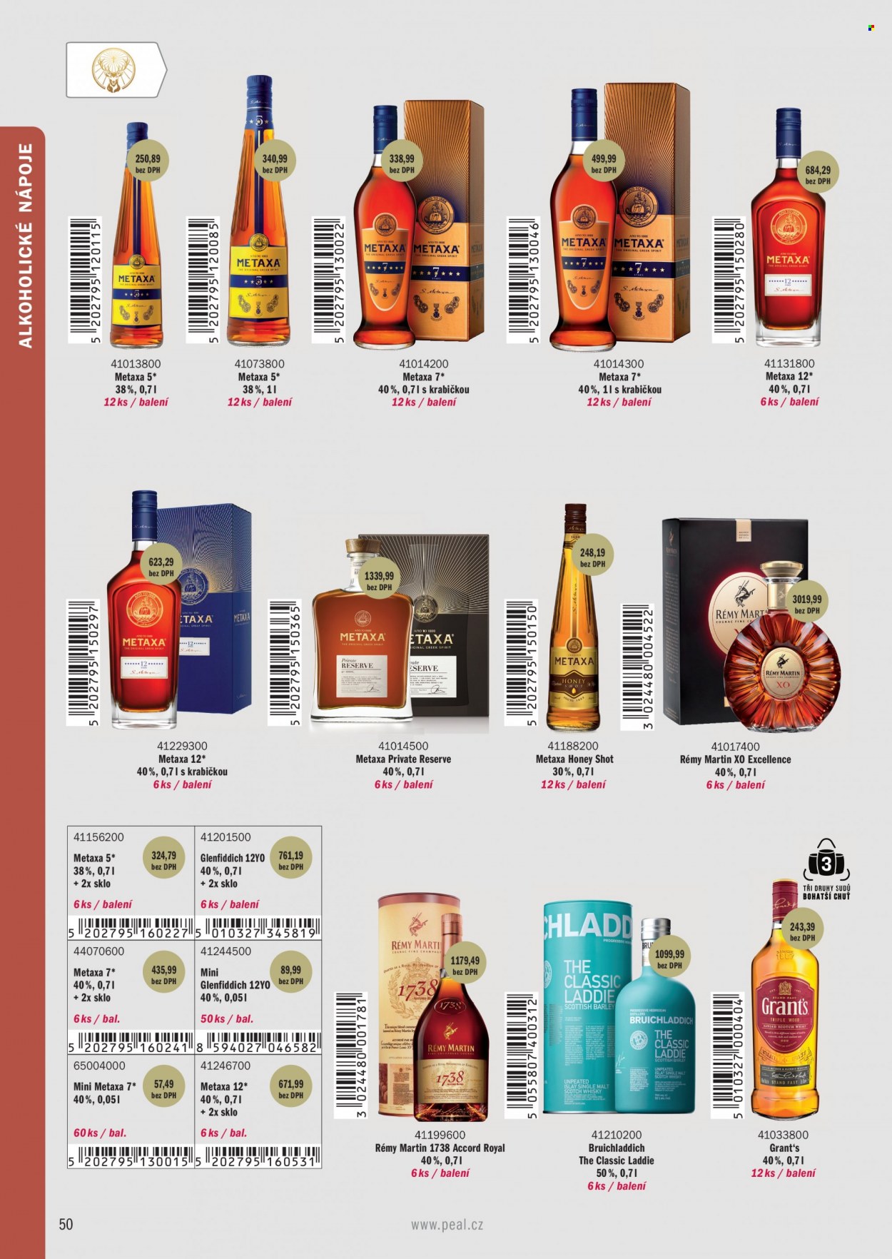 thumbnail - Leták PEAL - Produkty v akci - alkohol, Metaxa, whisky, Grant‘s, Metaxa Honey, Remy Martin, brandy, koňak, Glenfiddich, Bruichladdich. Strana 8.