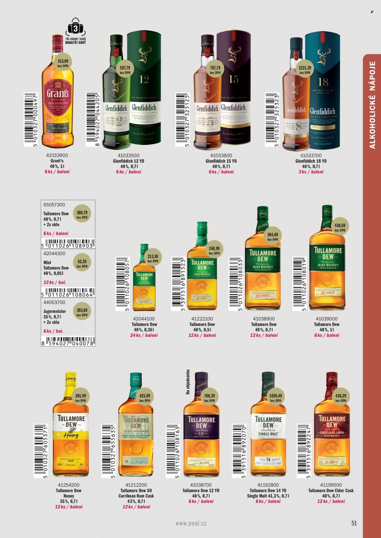 thumbnail - Leták PEAL - Produkty v akci - alkohol, rum, cider, Jägermeister, whisky, Tullamore Dew, bylinný likér, Grant‘s, Glenfiddich. Strana 9.