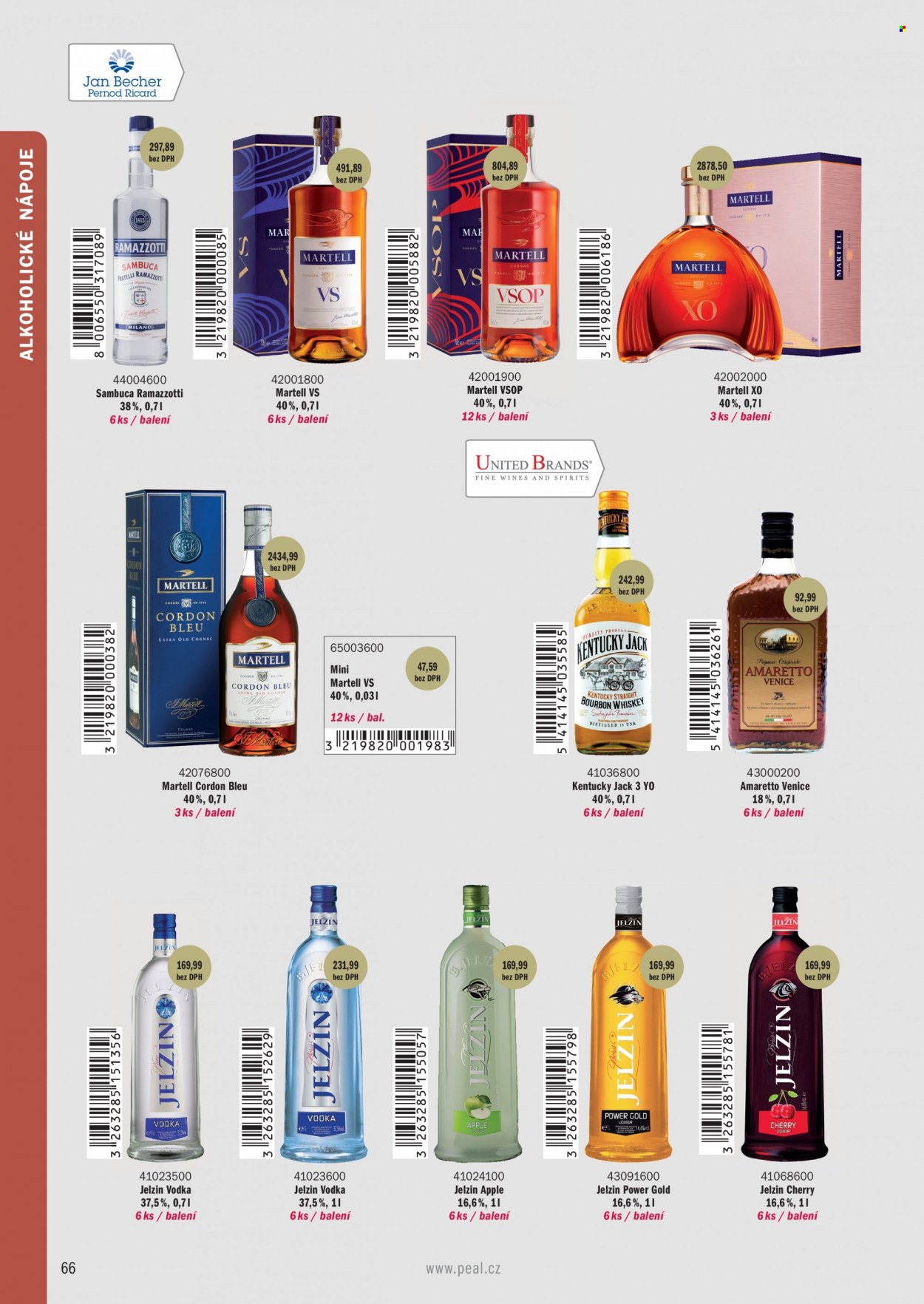 thumbnail - Leták PEAL - Produkty v akci - alkohol, vodka, whisky, Bourbon, Amaretto, likér, Ramazzotti, Jelzin, koňak, Martell. Strana 24.