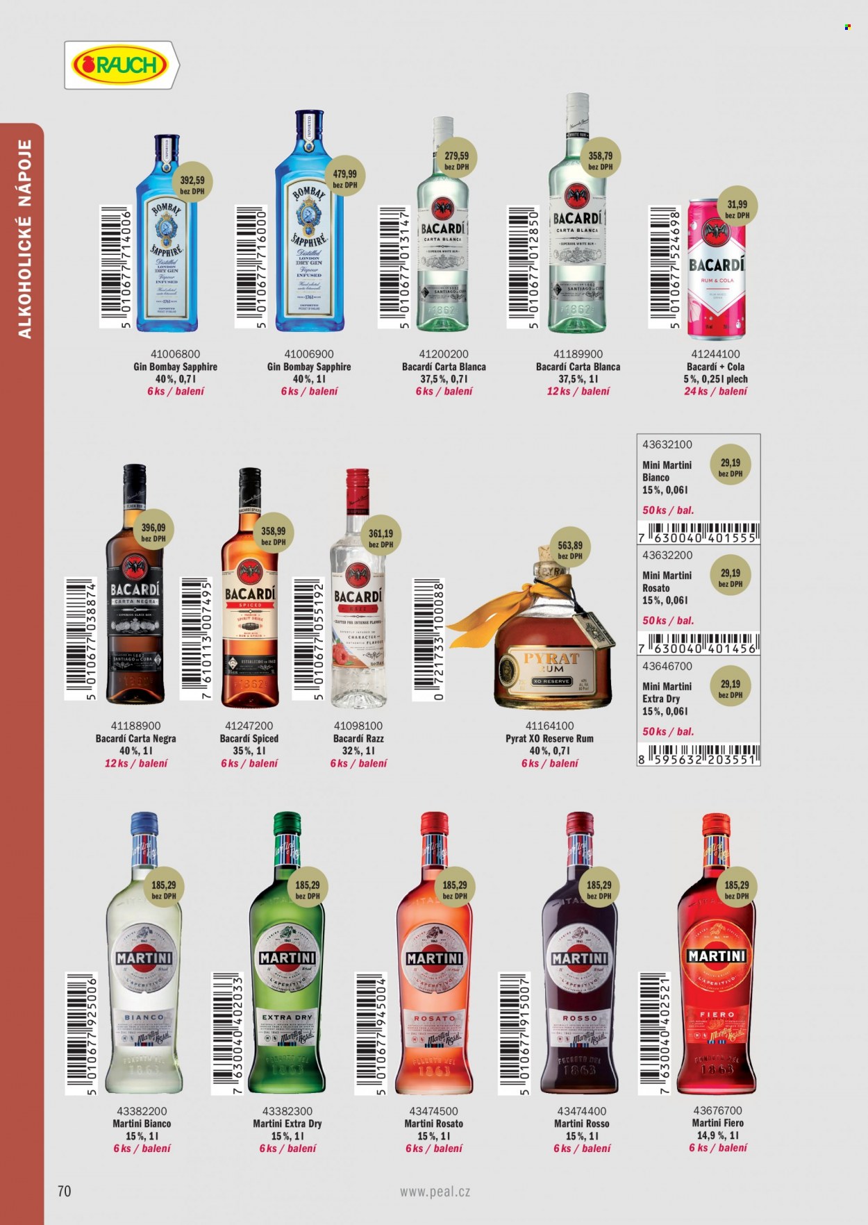 thumbnail - Leták PEAL - Produkty v akci - alkohol, rum, gin, Martini, Bacardi, aperitiv, Pyrat, Bombay Sapphire. Strana 28.