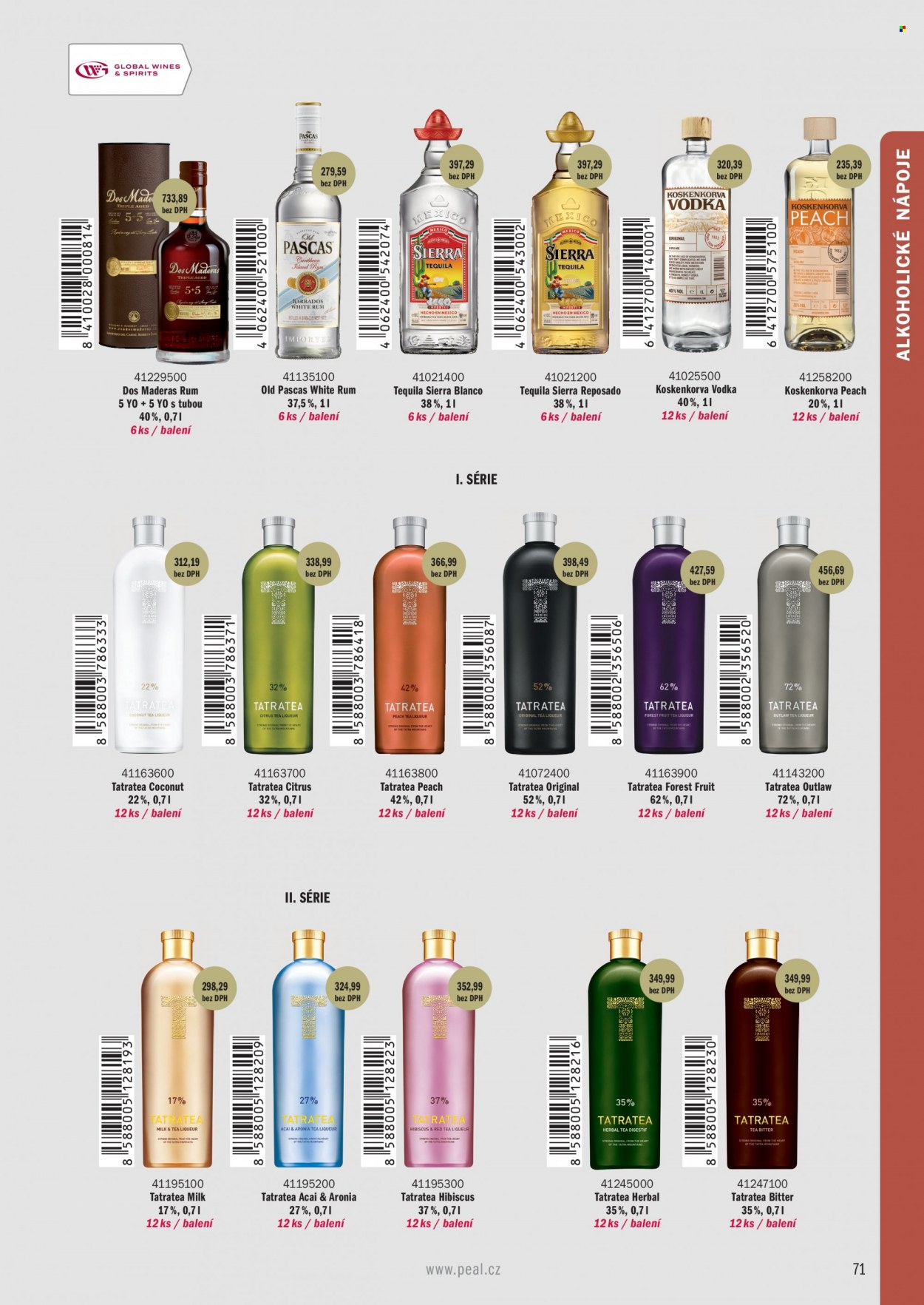 thumbnail - Leták PEAL - Produkty v akci - alkohol, vodka, rum, tequila, Tatratea, Bitter, Old Pascas, Dos Maderas, Koskenkorva, Sierra. Strana 29.