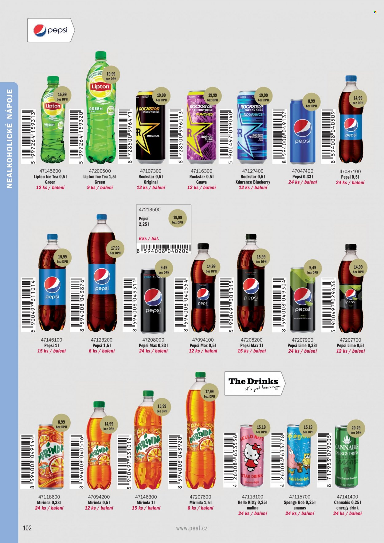 thumbnail - Leták PEAL - Produkty v akci - energetický nápoj, Hello, limonáda, Mirinda, Pepsi, Lipton, ledový čaj, Rockstar. Strana 12.