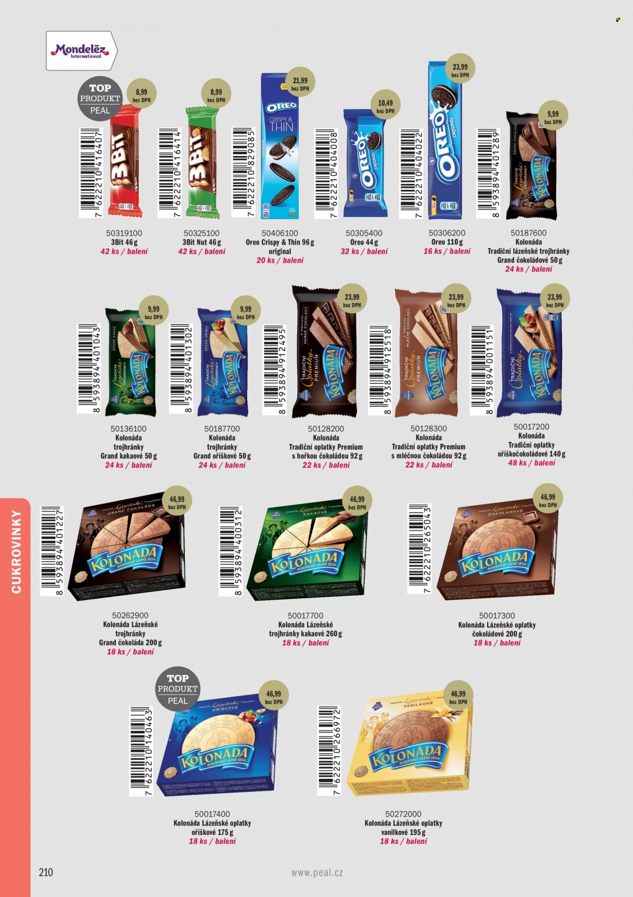 thumbnail - Leták PEAL - Produkty v akci - oplatky, Oreo, sušenky, Kolonáda, Opavia, 3BiT, Lázeňské oplatky, trojhránky, čokoládová tyčinka. Strana 12.