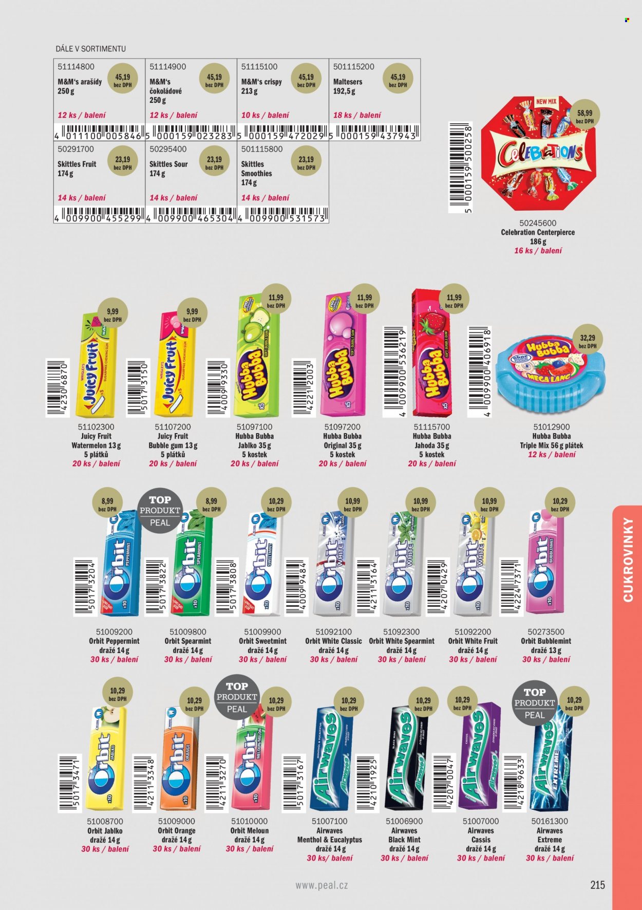 thumbnail - Leták PEAL - Produkty v akci - žvýkací bonbóny, žvýkačky, Orbit, Skittles, Maltesers, M&M's, Airwaves, Hubba Bubba, čokoládové bonbóny. Strana 17.
