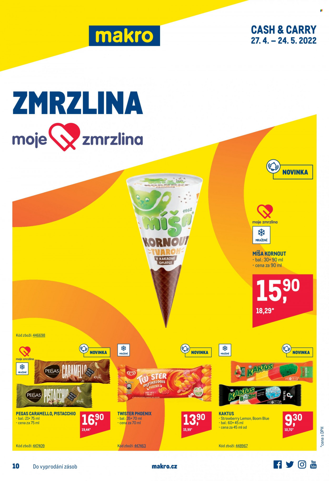 thumbnail - Leták MAKRO - 27.4.2022 - 24.5.2022 - Produkty v akci - Míša, nanuk, zmrzlinový kornout, Pegas, Twister, zmrzlina. Strana 1.