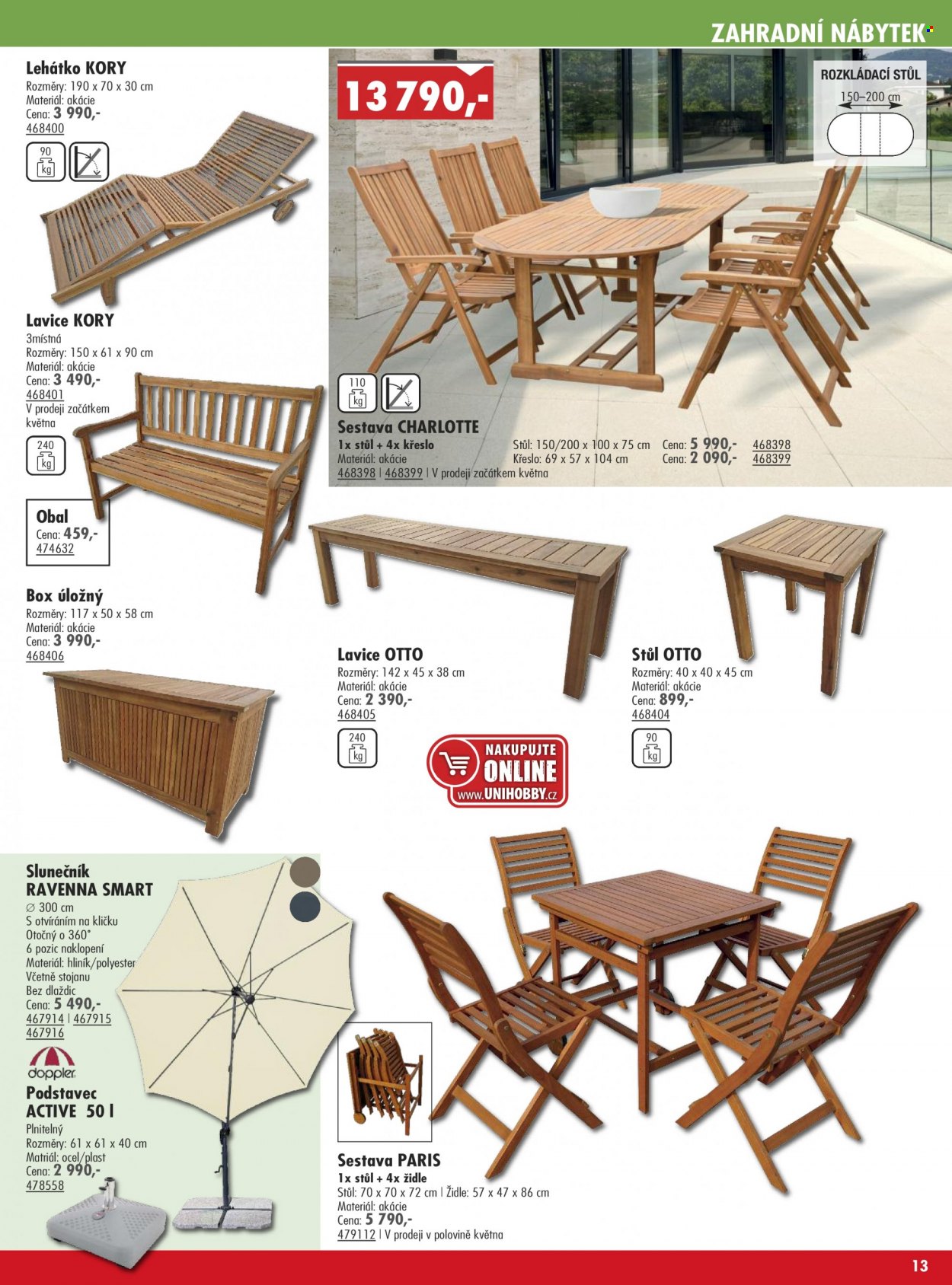thumbnail - Leták UNI HOBBY - 14.4.2022 - 30.6.2022 - Produkty v akci - úložný box, křeslo, zahradní nábytek, stůl, lavice, židle, lehátko, slunečník. Strana 13.
