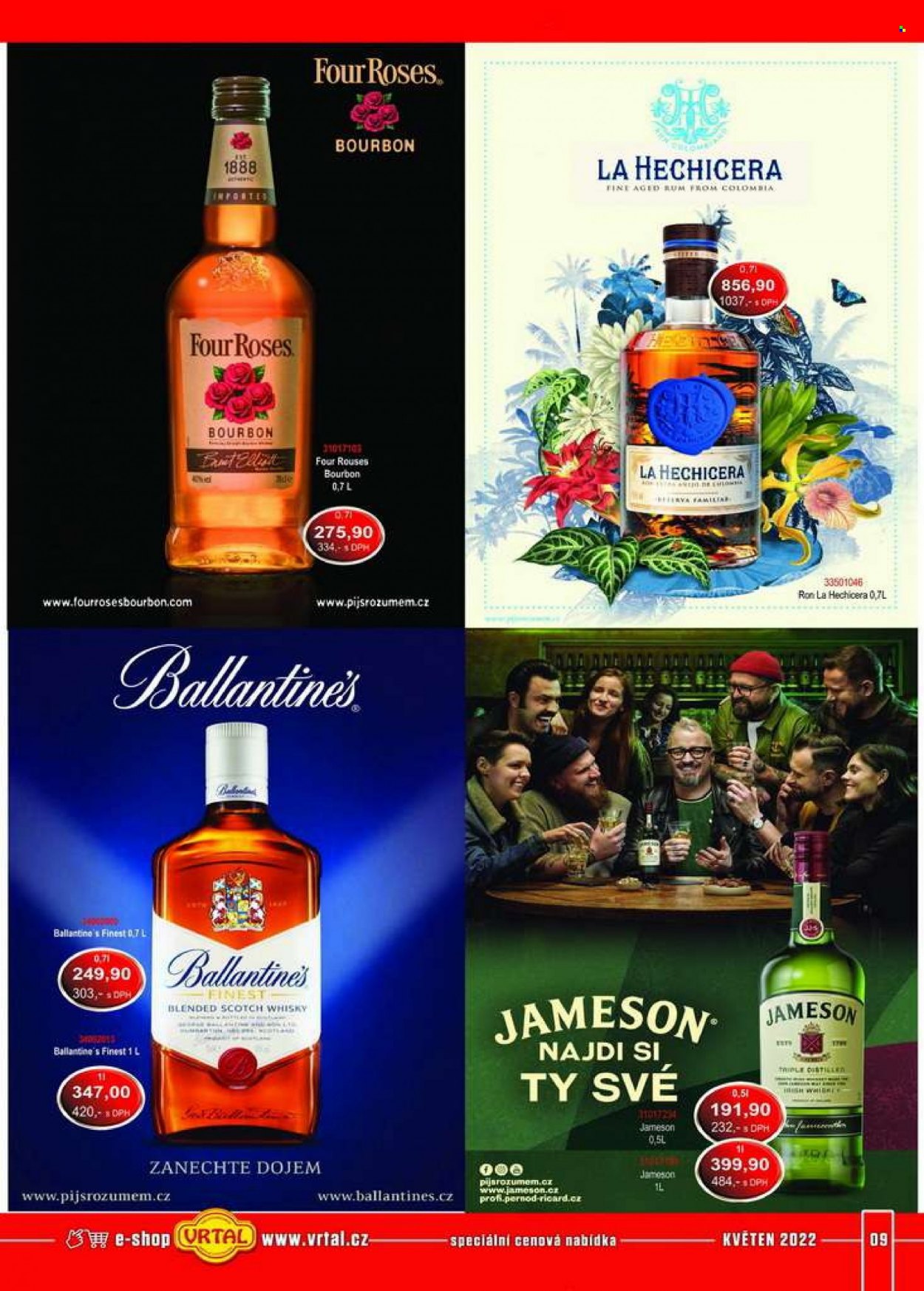 thumbnail - Leták Vrtal - 1.5.2022 - 31.5.2022 - Produkty v akci - alkohol, Brut, rum, Jameson, whisky, Bourbon, Ballantine's, Four Roses, La Hechicera. Strana 9.