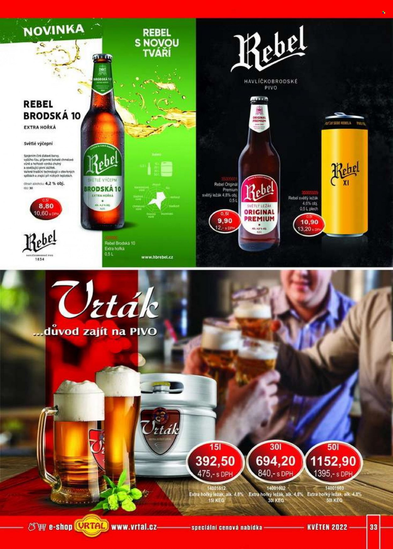 thumbnail - Leták Vrtal - 1.5.2022 - 31.5.2022 - Produkty v akci - světlé pivo, světlý ležák, ležák, Rebel, Vrták. Strana 33.