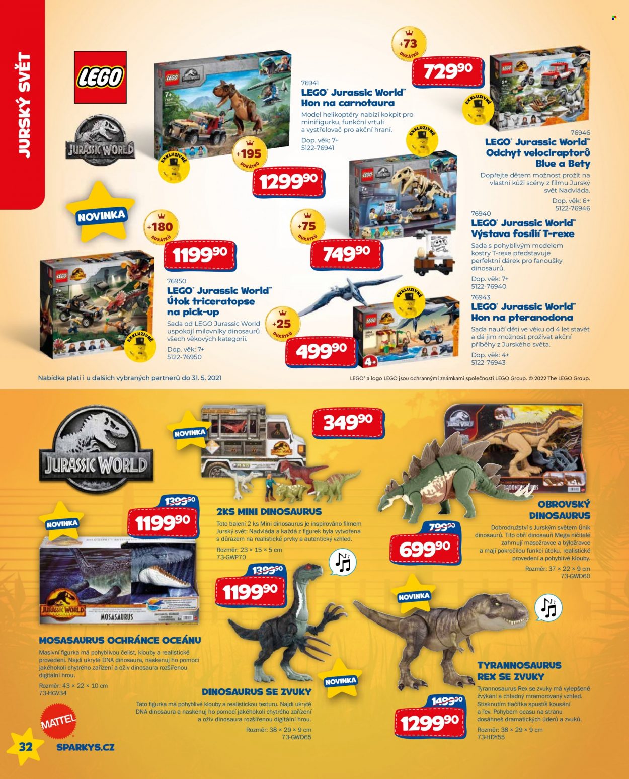 thumbnail - Leták Sparkys - 1.5.2022 - 31.7.2022 - Produkty v akci - dinosaurus, LEGO, figurka. Strana 32.