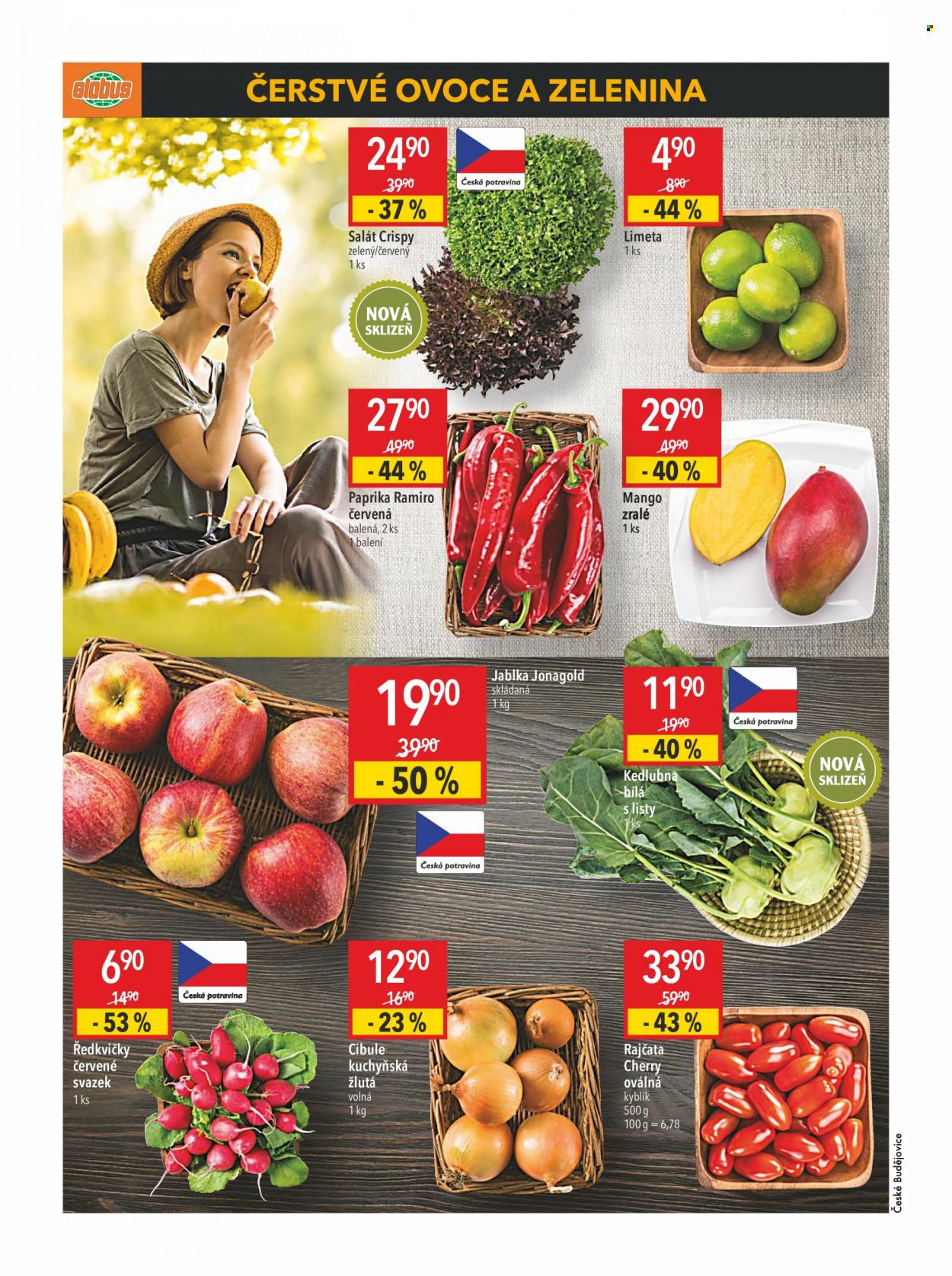 thumbnail - Leták Globus - 19.5.2022 - 25.5.2022 - Produkty v akci - salát, limetka, červená paprika, paprika, mango, jablka, Jonagold, kedlubna, ředkvičky, cibule, rajčata, rajčata cherry. Strana 10.
