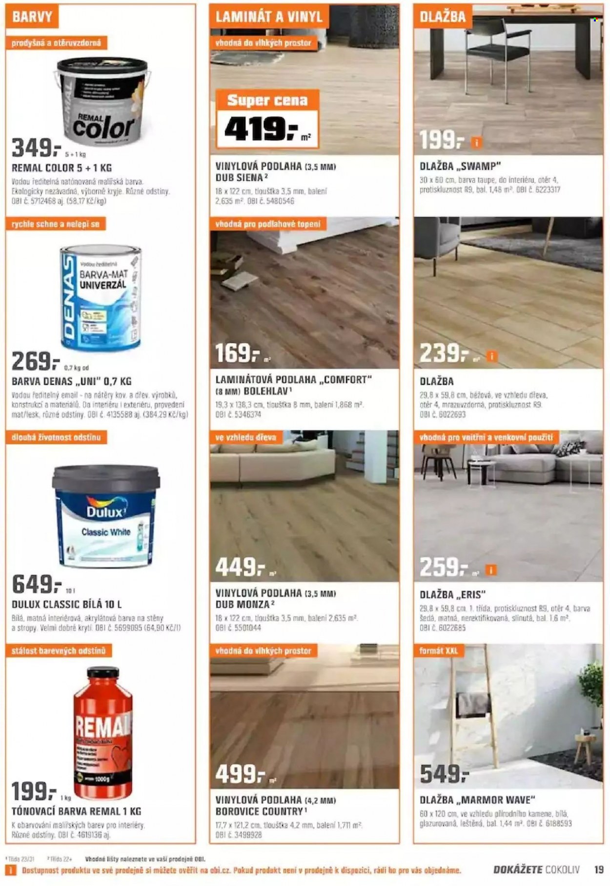thumbnail - Leták OBI - 18.5.2022 - 29.5.2022 - Produkty v akci - DENAS, Remal, tónovací barva, Dulux, akrylátová barva, podlaha, vinylová podlaha, laminátová podlaha, dlažba. Strana 19.