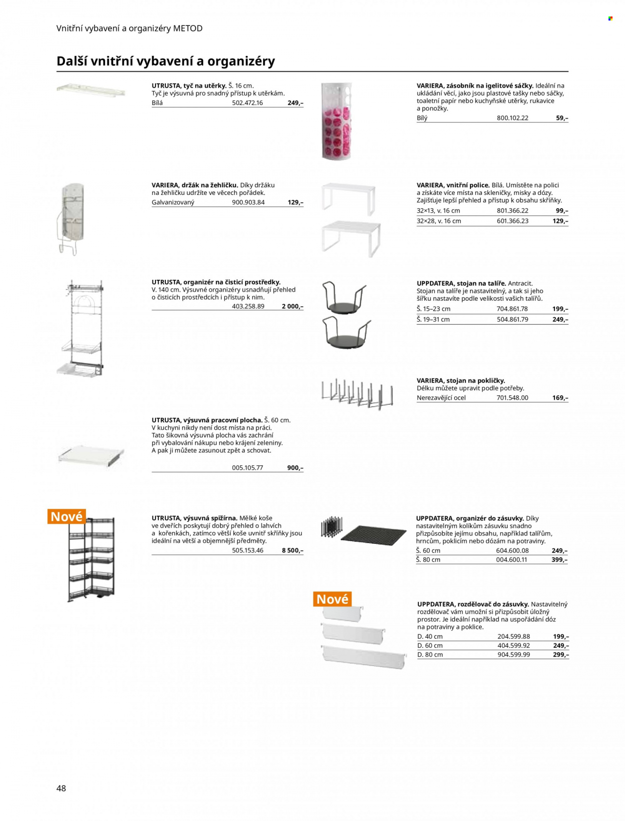 thumbnail - Leták IKEA - Produkty v akci - organizér, sklenice, talíř, miska, zásobník, dóza, Metod, police, organizér do zásuvky, rozdělovač, rukavice, taška. Strana 48.