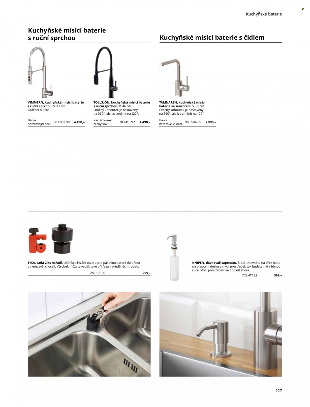 thumbnail - Leták IKEA - Produkty v akci - dávkovač saponátu, fixy, baterie, dřez. Strana 127.