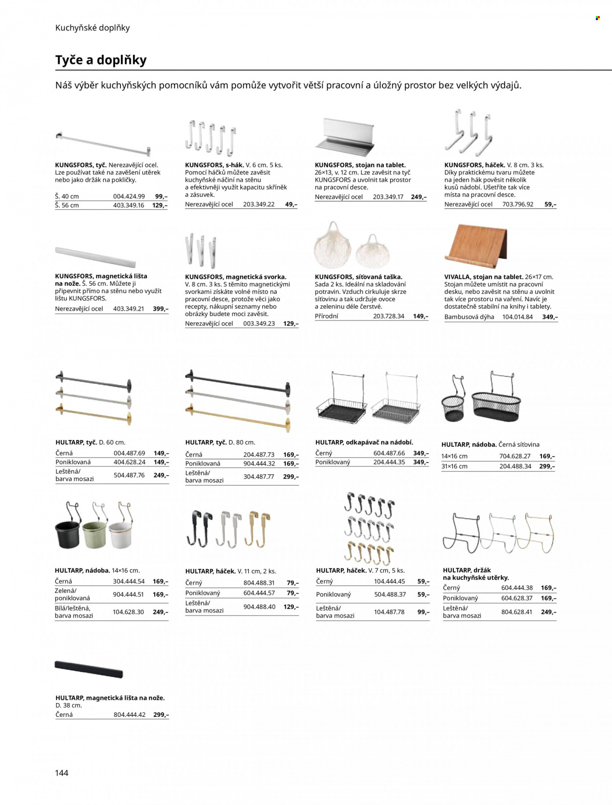 thumbnail - Leták IKEA - Produkty v akci - kuchyňské náčiní, odkapávač na nádobí, kuchyňské doplňky, držák nožů, háček, kniha, taška. Strana 144.