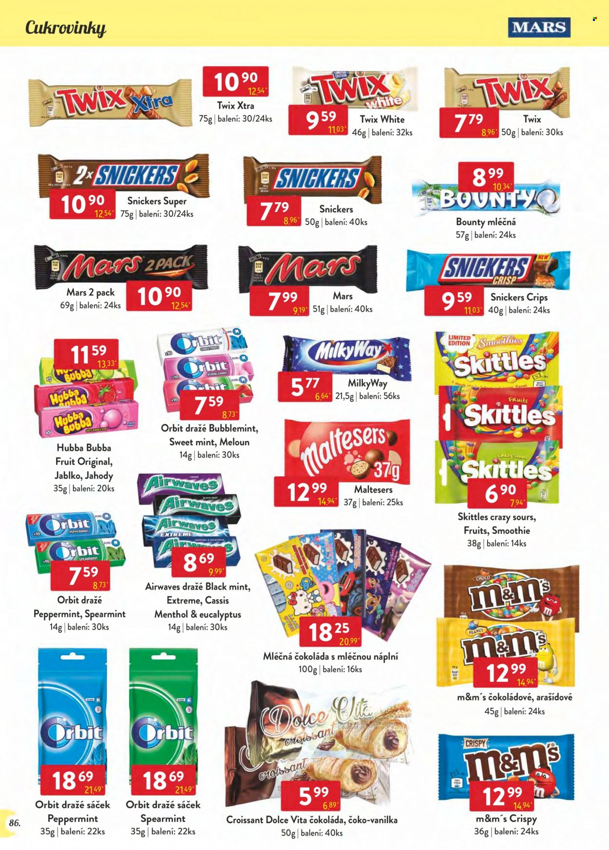thumbnail - Leták Astur & Qanto velkoobchod - 1.6.2022 - 30.6.2022 - Produkty v akci - pečivo, croissant, meloun, jahody, čokoláda, žvýkací bonbóny, Snickers, Twix, mléčná čokoláda, Bounty, žvýkačky, Orbit, Skittles, Mars, Maltesers, Airwaves, Hubba Bubba, čokoládová tyčinka, čokoládové bonbóny. Strana 86.