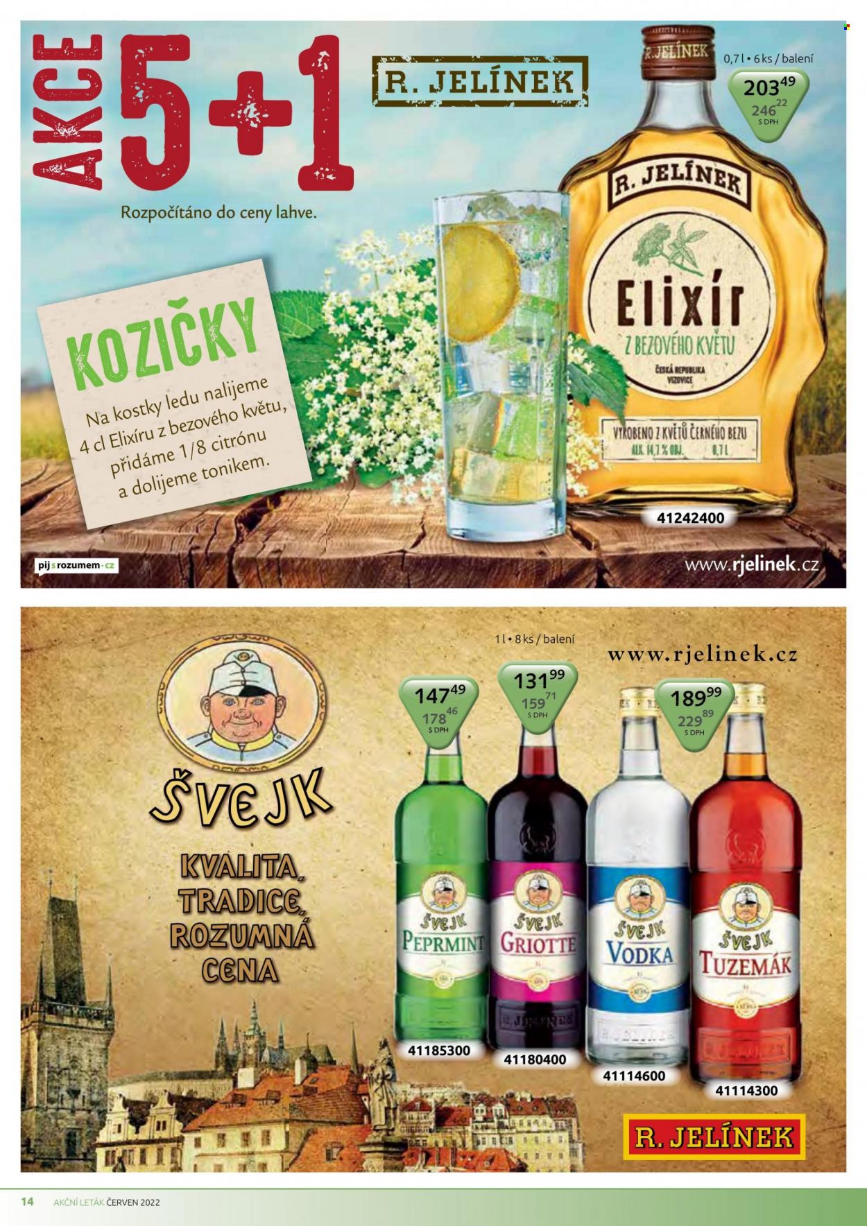 thumbnail - Leták PEAL - 1.6.2022 - 30.6.2022 - Produkty v akci - alkohol, vodka, rum, Tuzemák, Elixir, griotka, likér, R. Jelínek, peprmintový likér. Strana 14.