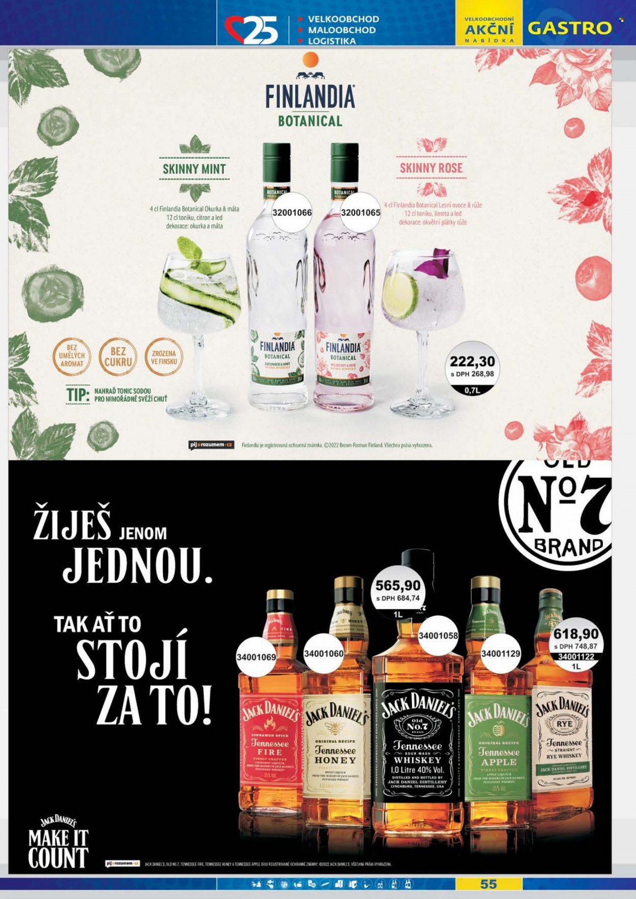 thumbnail - Leták JIP - 1.6.2022 - 30.6.2022 - Produkty v akci - citróny, alkohol, vodka, whisky, Finlandia, Jack Daniel’s. Strana 55.