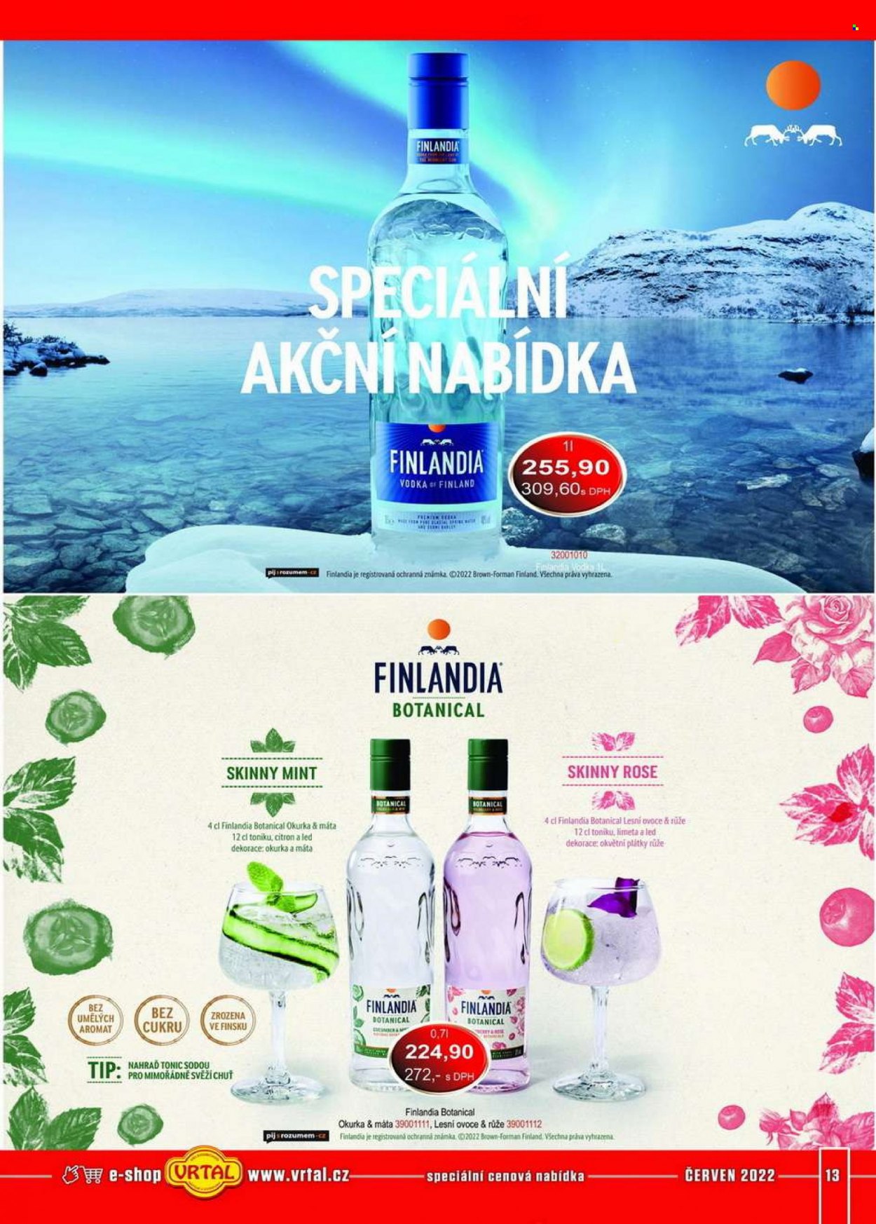 thumbnail - Leták Vrtal - 1.6.2022 - 30.6.2022 - Produkty v akci - citróny, tonic, alkohol, vodka, Finlandia. Strana 13.