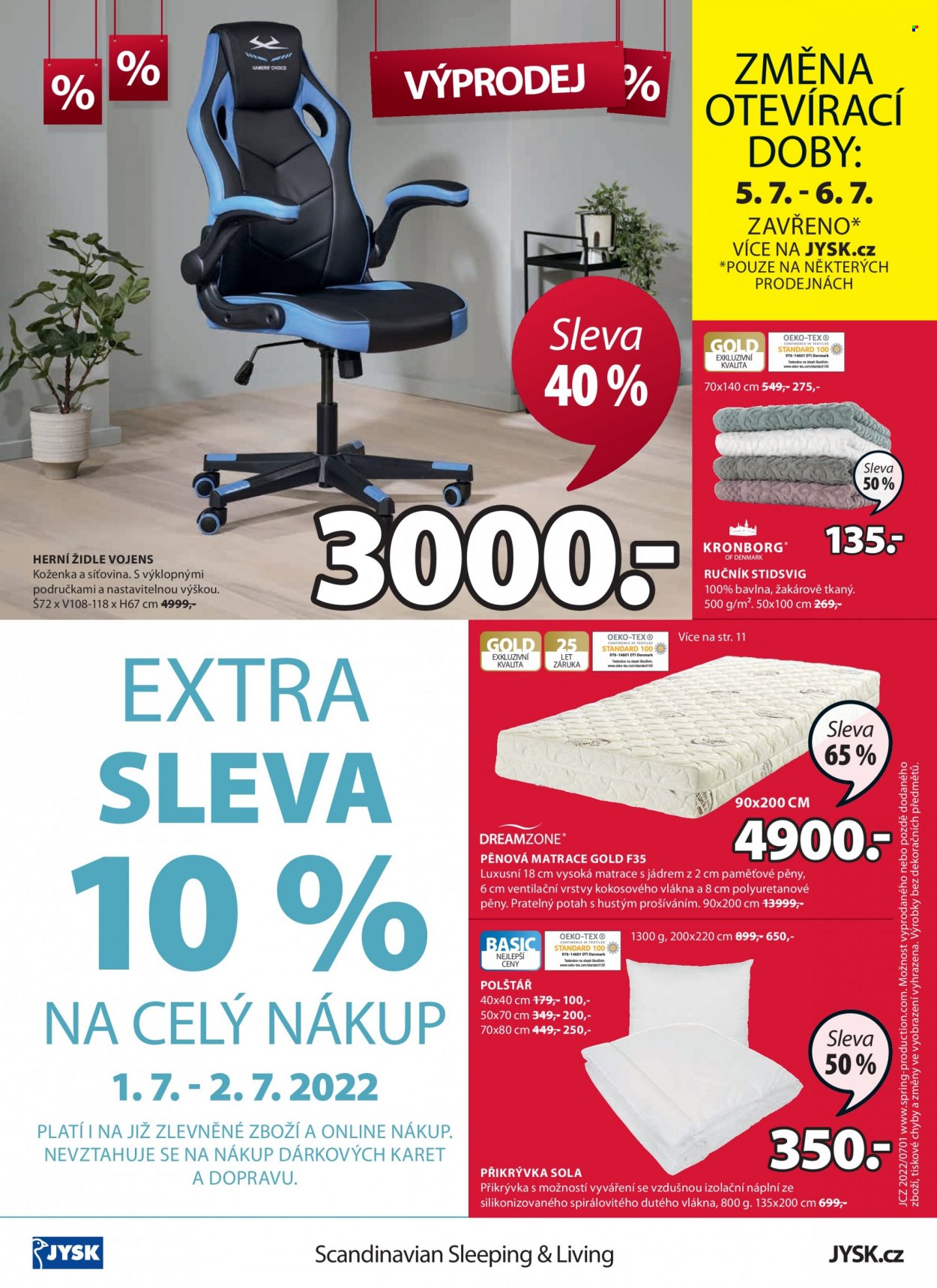 thumbnail - Leták JYSK - 29.6.2022 - 12.7.2022 - Produkty v akci - ručník, matrace, pěnová matrace, přikrývka, herní židle, židle. Strana 16.