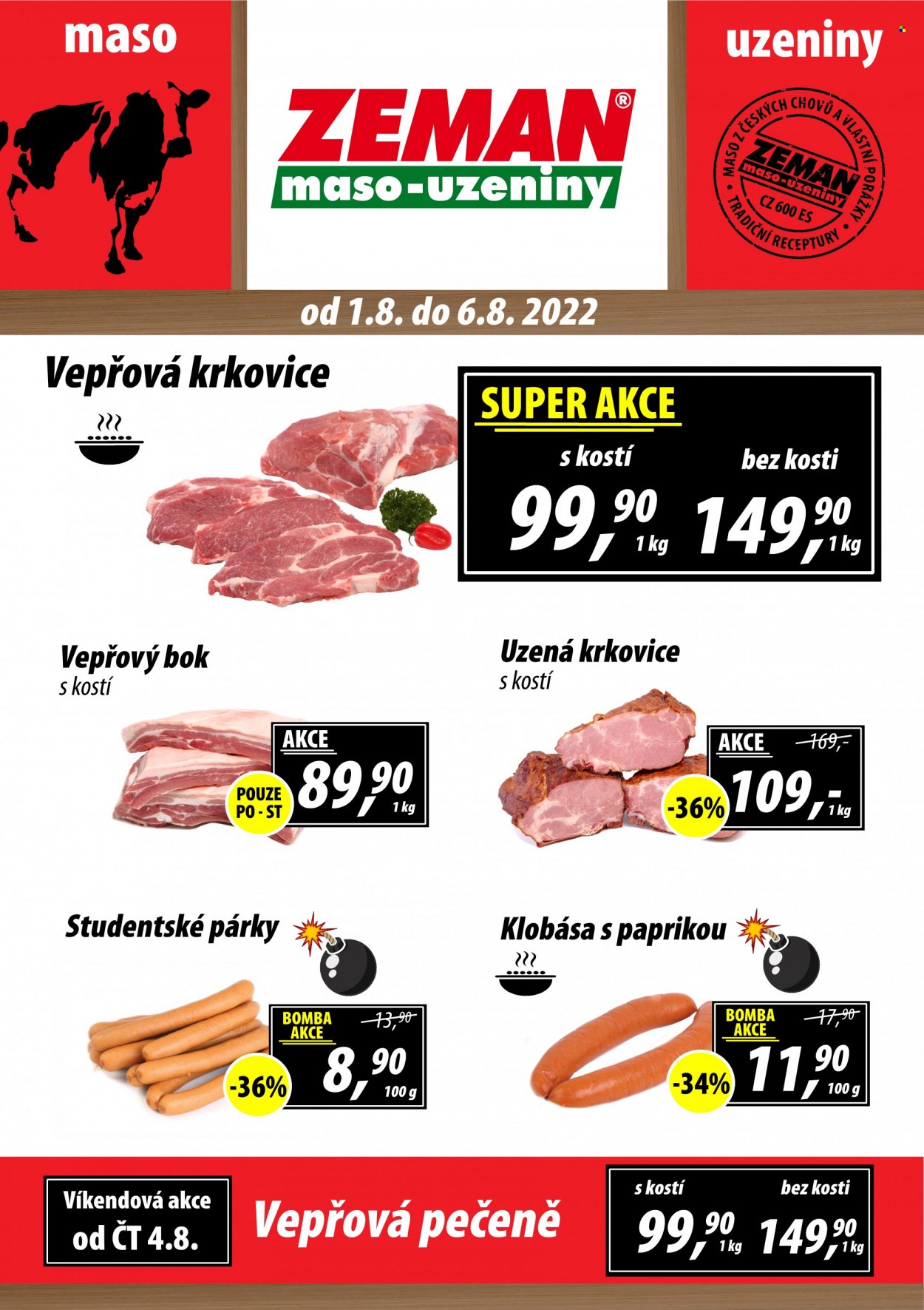 Leták ZEMAN maso-uzeniny - 1.8.2022 - 6.8.2022. Strana 1