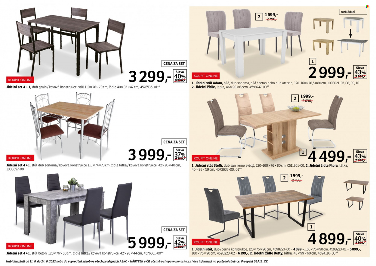 thumbnail - Leták ASKO - 11.8.2022 - 24.8.2022 - Produkty v akci - jídelní servis, látka, jídelní stůl, stůl, jídelní židle, židle. Strana 12.