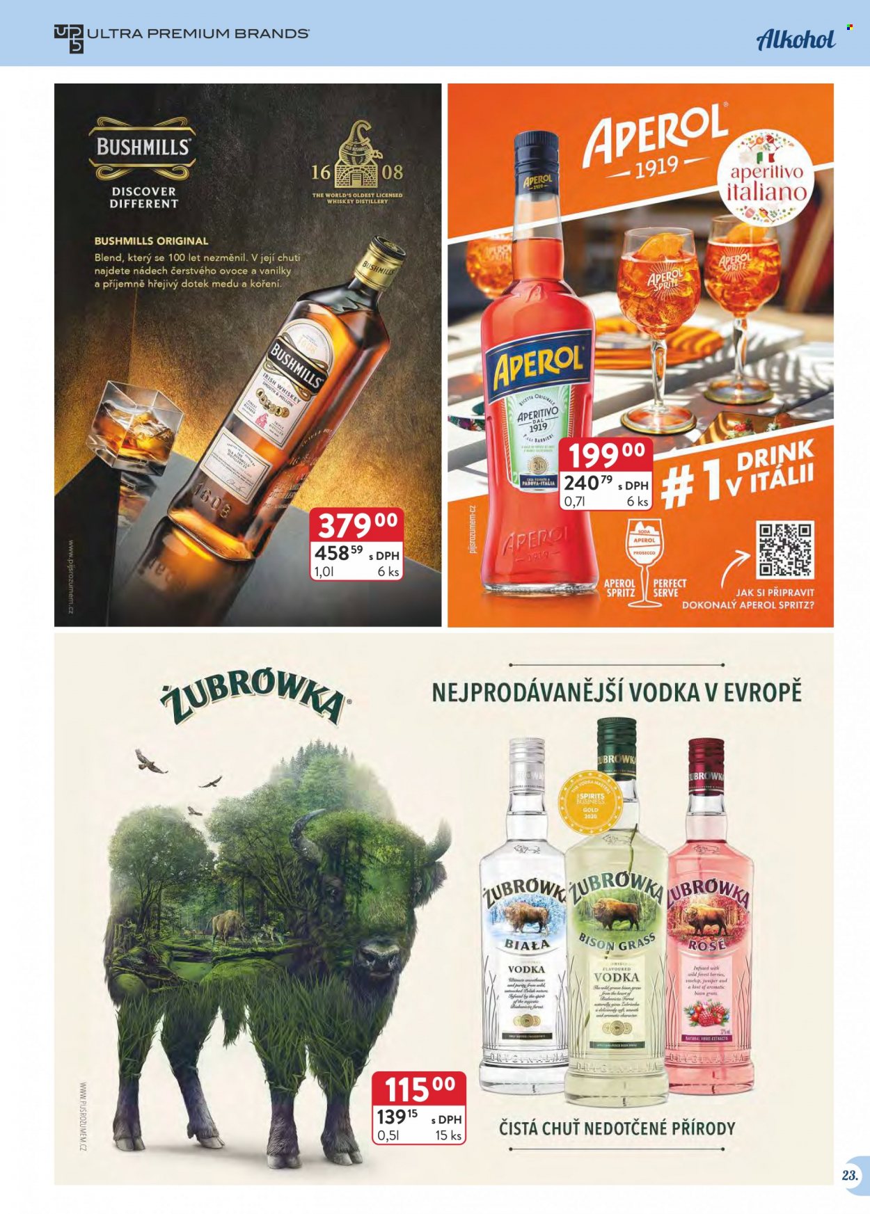 thumbnail - Leták Astur & Qanto velkoobchod - 1.9.2022 - 30.9.2022 - Produkty v akci - soda, Prosecco, šumivé víno, míchaný nápoj, vodka, whisky, Aperol, Zubrowka, Bushmills. Strana 23.