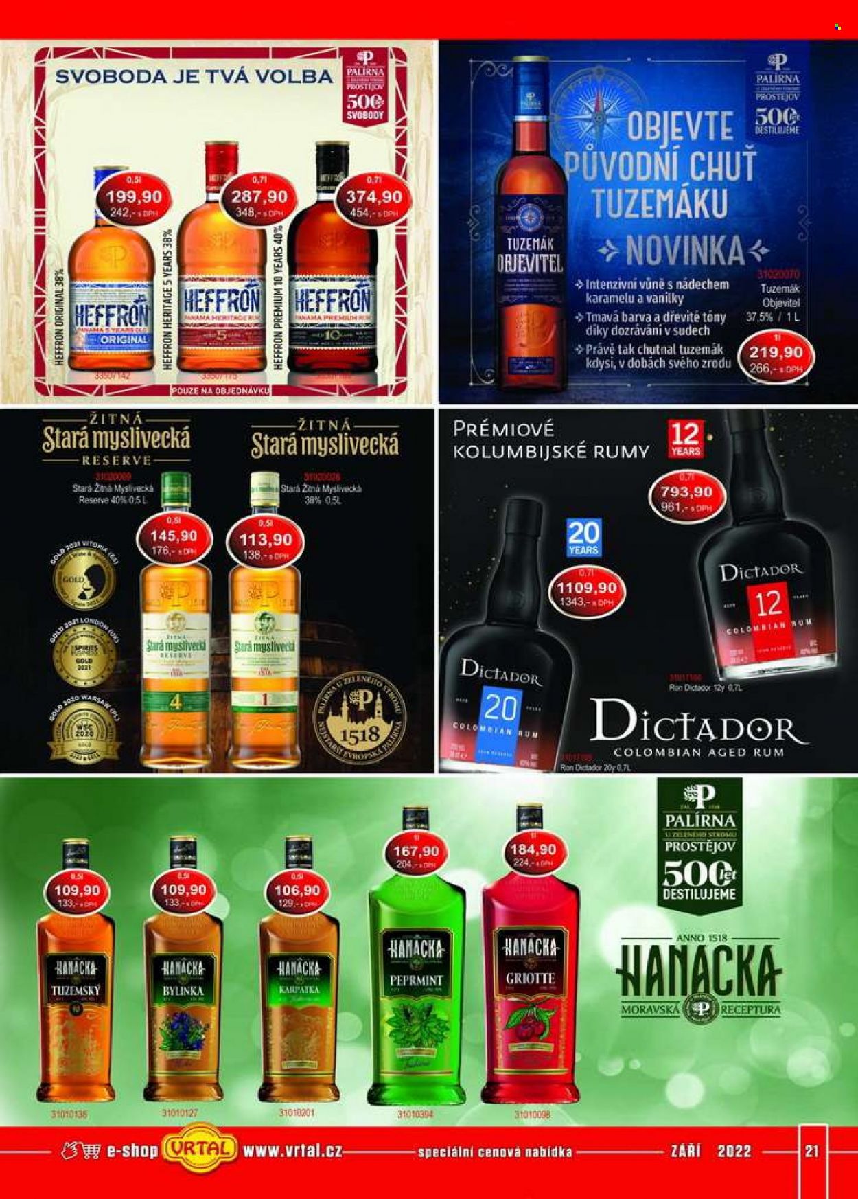 thumbnail - Leták Vrtal - 1.9.2022 - 30.9.2022 - Produkty v akci - alkohol, Stará Myslivecká, rum, griotka, whisky, peprmintový likér, Heffron, Dictador, Hanácká. Strana 21.